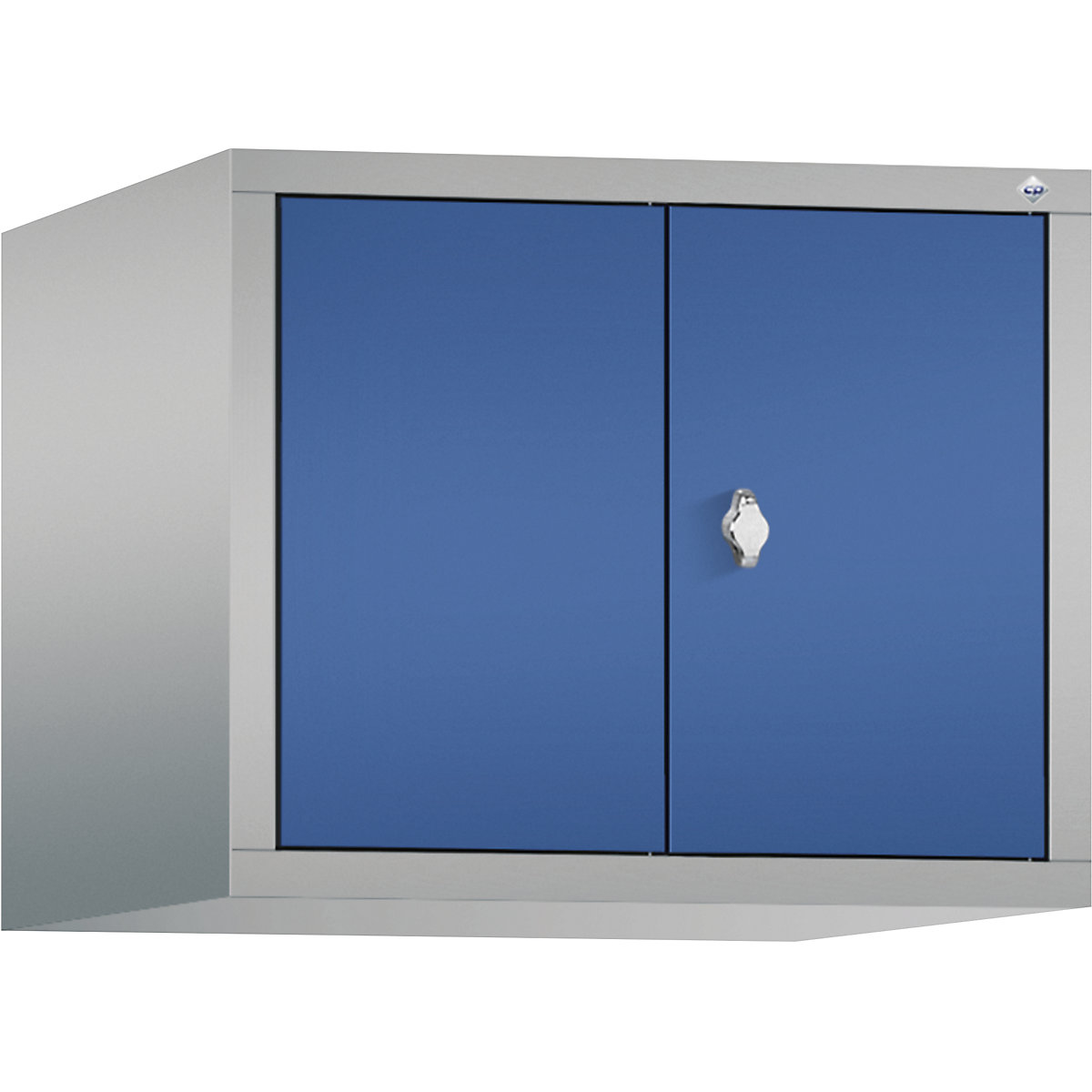 C+P – Dogradni ormar CLASSIC, vrata koja se zatvaraju jedna prema drugima, 2 odjela, širina odjela 300 mm, u aluminij bijeloj / encijan plavoj boji