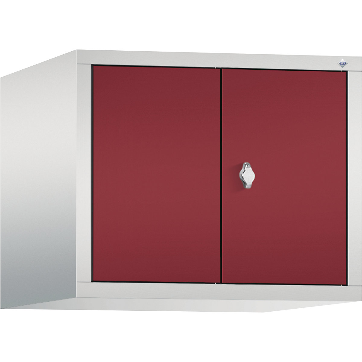 C+P – Dogradni ormar CLASSIC, vrata koja se zatvaraju jedna prema drugima, 2 odjela, širina odjela 300 mm, u svijetlosivoj / rubin crvenoj boji