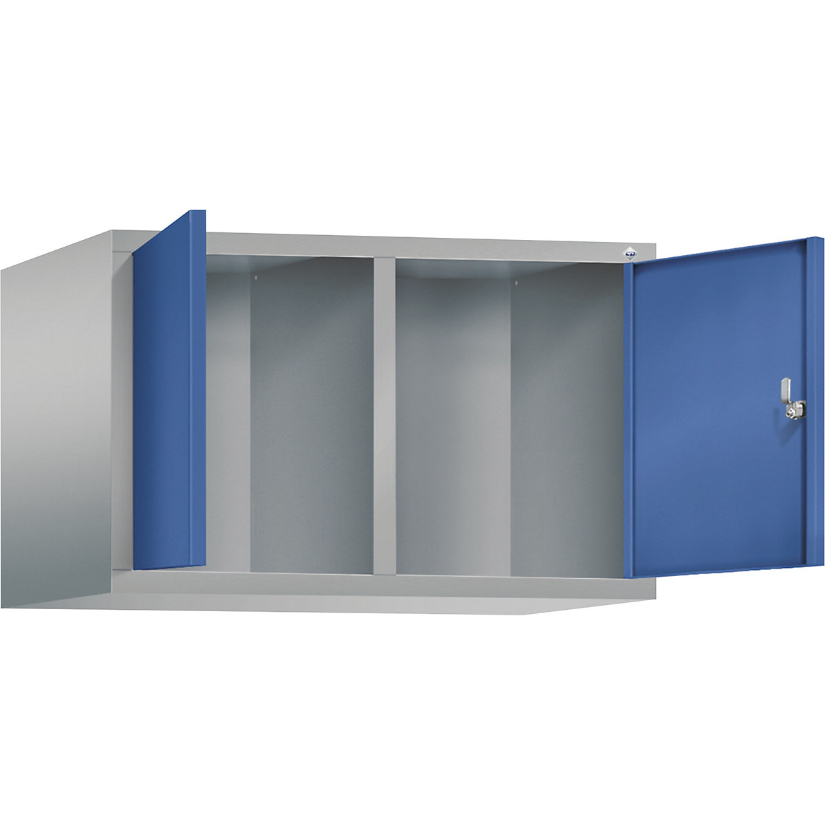C+P – Dogradni ormar CLASSIC, vrata koja se zatvaraju jedna prema drugima, 2 odjela, širina odjela 400 mm, u aluminij bijeloj / encijan plavoj boji