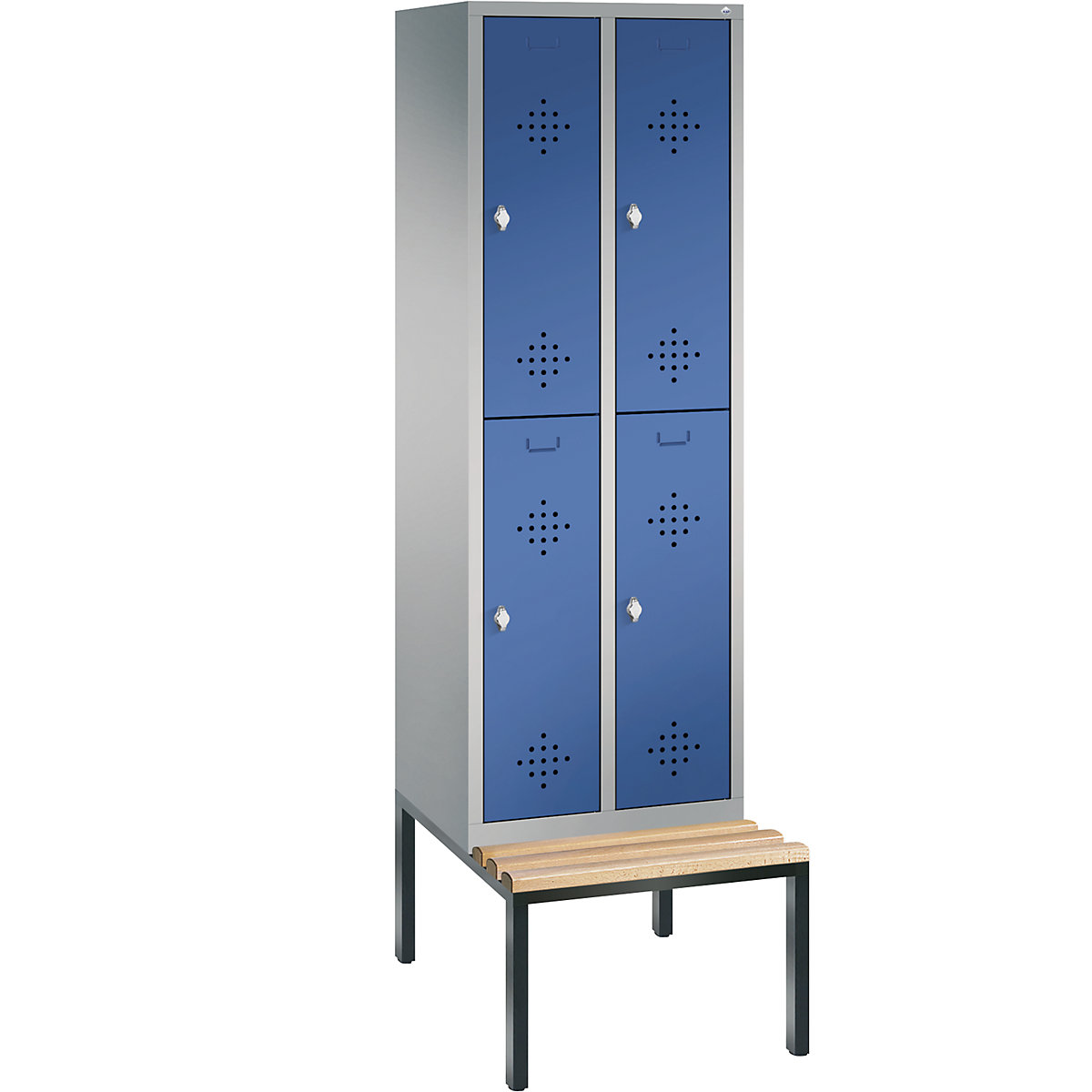 C+P – Garderobni ormar CLASSIC s klupom za sjedenje ugrađenom na donjoj strani, na dva kata, 2 odjela, po 2 pretinca, širina odjela 300 mm, u aluminij bijeloj / encijan plavoj boji