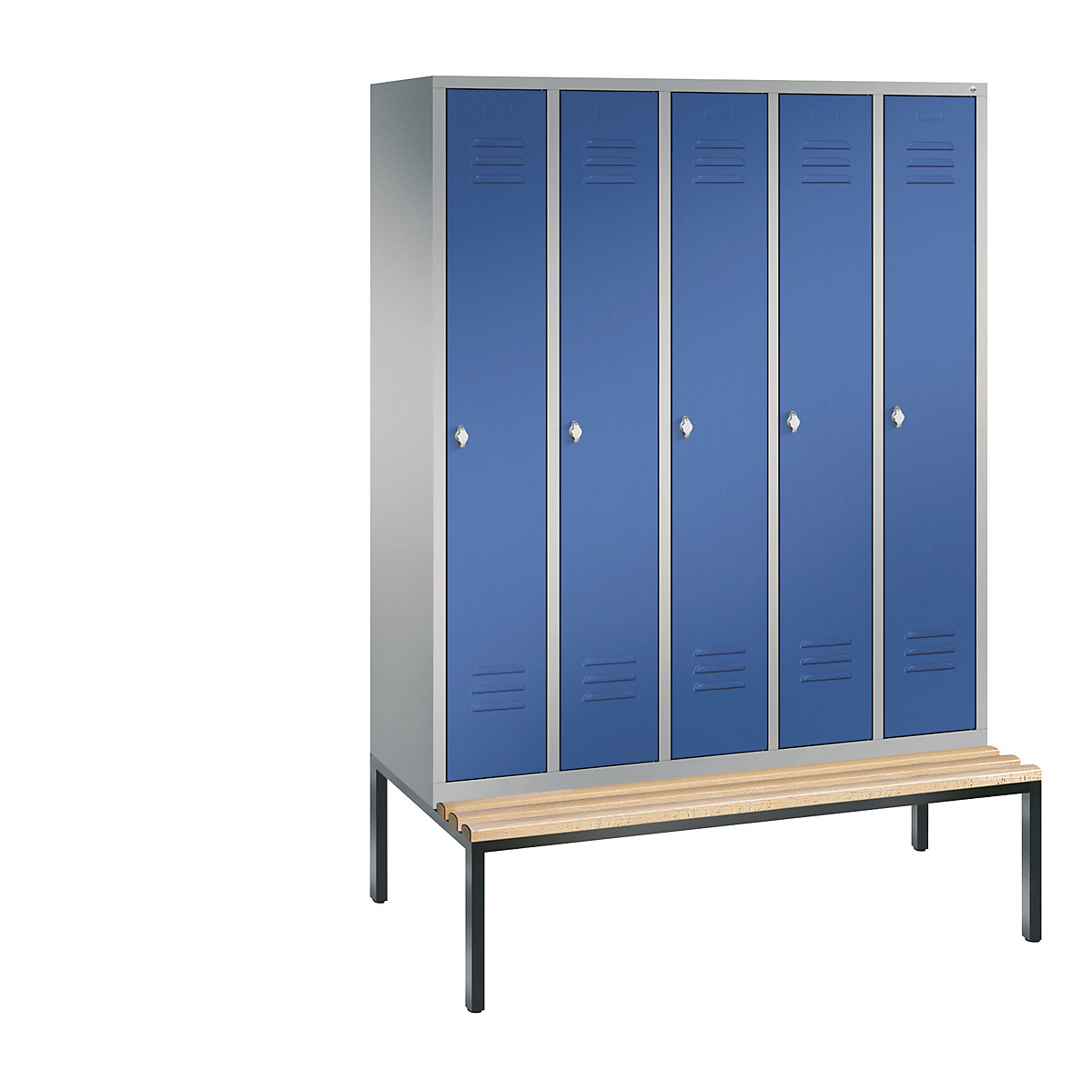 C+P – Garderobni ormar CLASSIC s klupom za sjedenje ugrađenom na donjoj strani, 5 odjela, širina odjela 300 mm, u aluminij bijeloj / encijan plavoj boji
