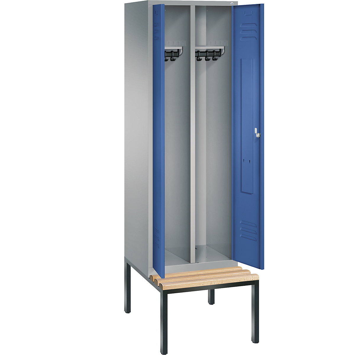 C+P – Garderobni ormar CLASSIC s klupom za sjedenje ugrađenom na donjoj strani, vrata koja se zatvaraju jedna prema drugima, 2 odjela, širina odjela 300 mm, u aluminij bijeloj / encijan plavoj boji