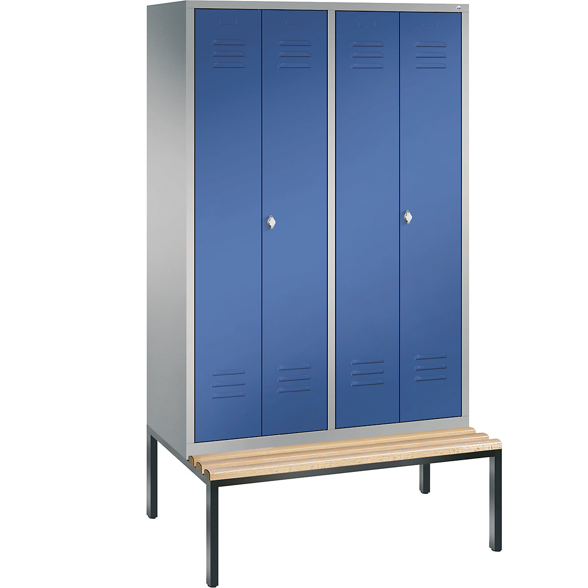 C+P – Garderobni ormar CLASSIC s klupom za sjedenje ugrađenom na donjoj strani, vrata koja se zatvaraju jedna prema drugima, 4 odjela, širina odjela 300 mm, u aluminij bijeloj / encijan plavoj boji
