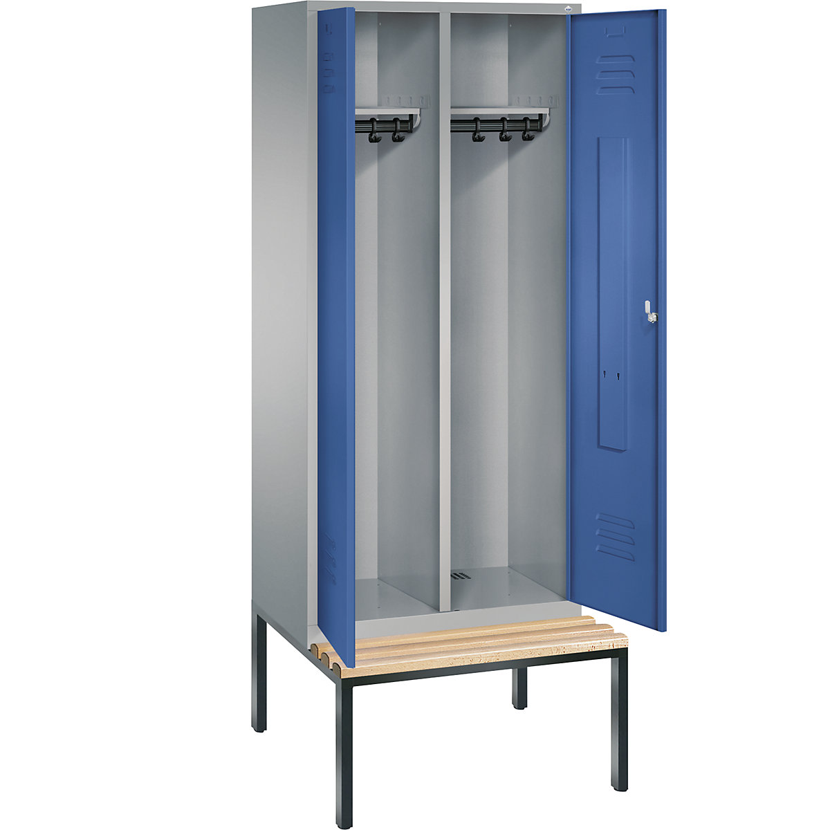 C+P – Garderobni ormar CLASSIC s klupom za sjedenje ugrađenom na donjoj strani, vrata koja se zatvaraju jedna prema drugima, 2 odjela, širina odjela 400 mm, u aluminij bijeloj / encijan plavoj boji
