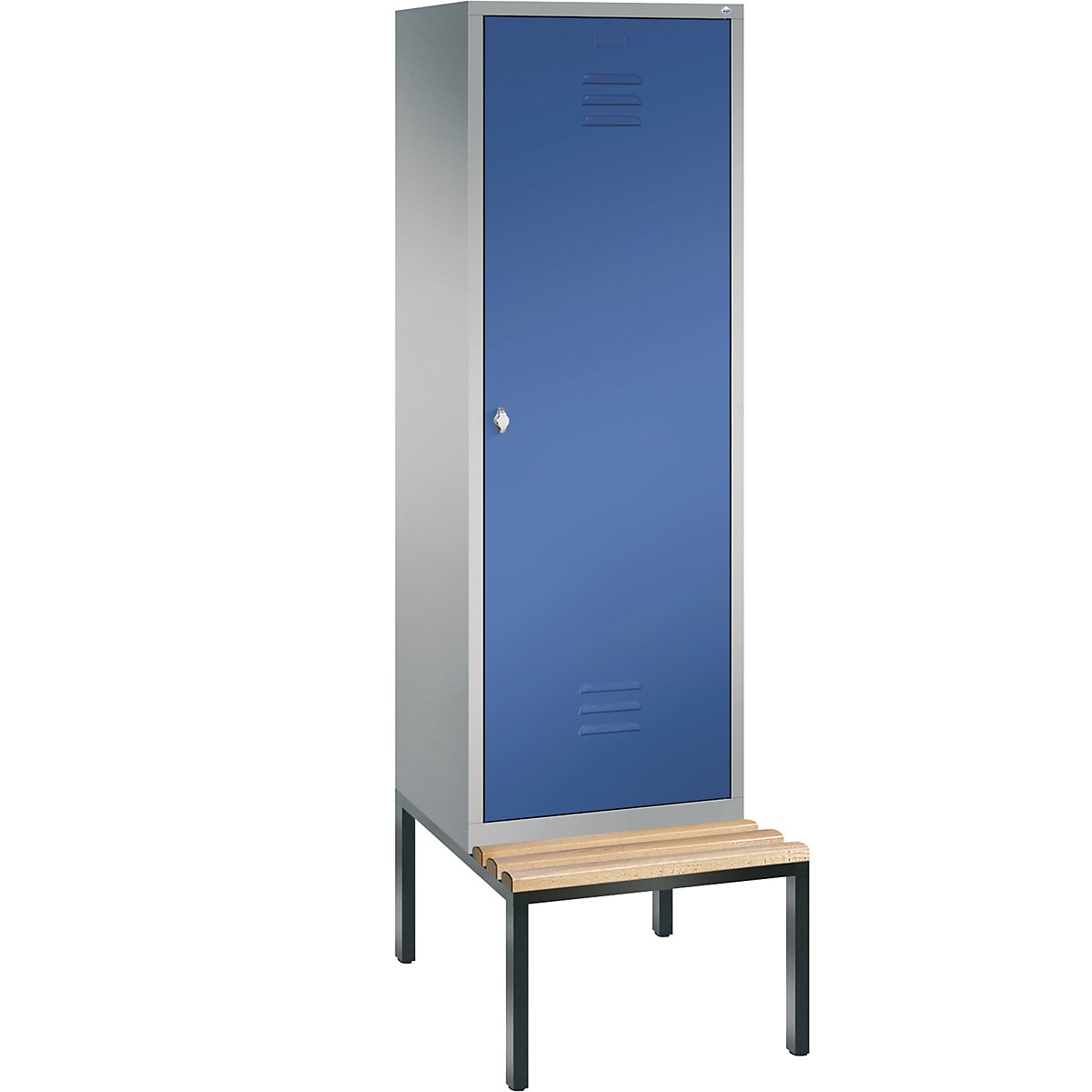 C+P – Garderobni ormar CLASSIC s klupom za sjedenje ugrađenom na donjoj strani, vrata preko 2 odjela, 2 odjela, širina odjela 300 mm, u aluminij bijeloj / encijan plavoj boji