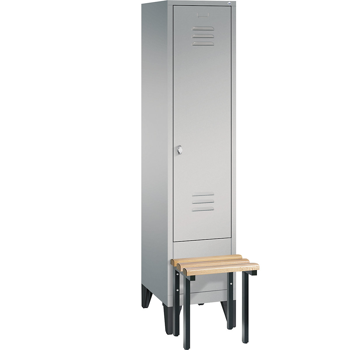 C+P – Garderobni ormar CLASSIC s klupom za sjedenje ugrađenom s prednje strane, 1 odjel, širina odjela 400 mm, u aluminij bijeloj boji