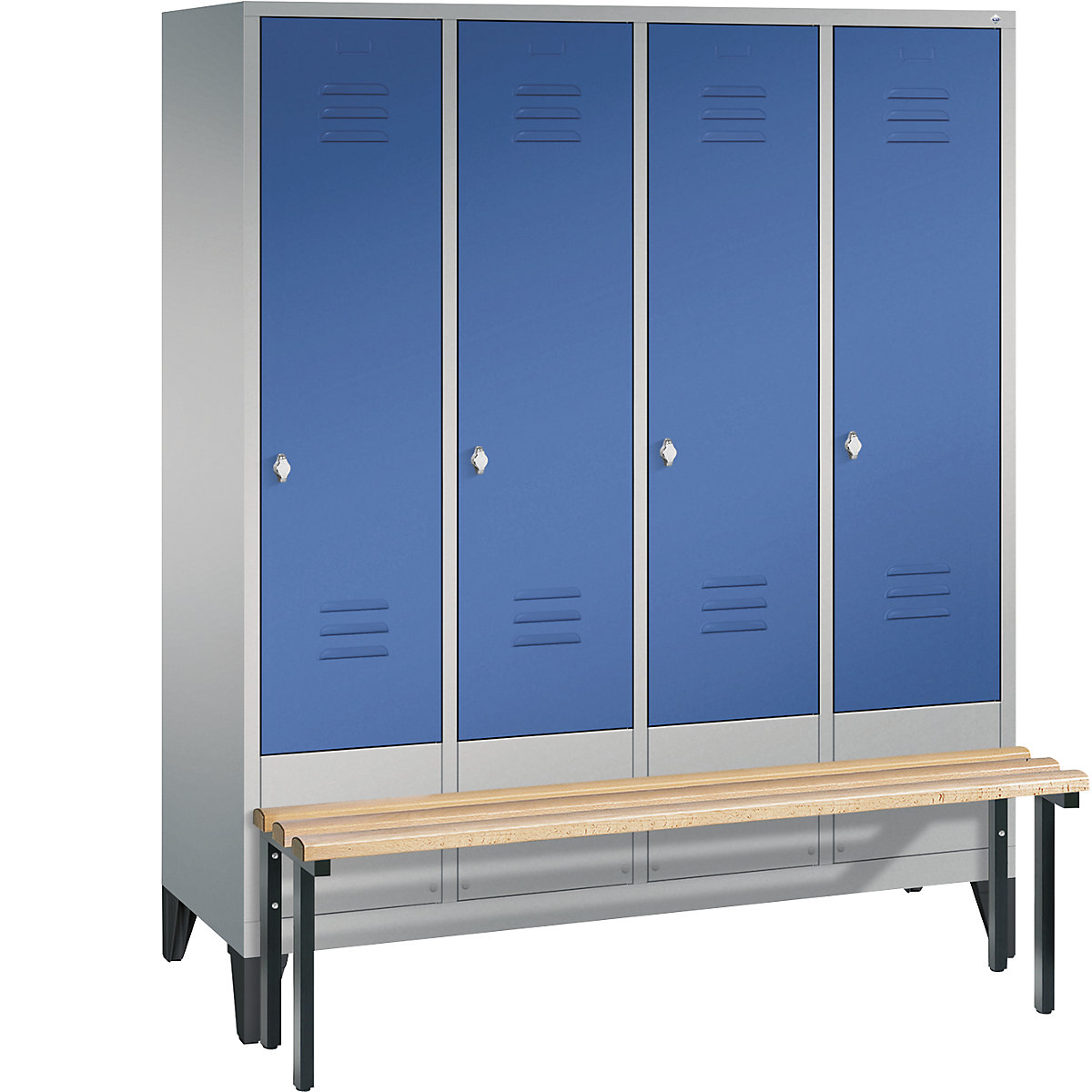 C+P – Garderobni ormar CLASSIC s klupom za sjedenje ugrađenom s prednje strane, 4 odjela, širina odjela 400 mm, u aluminij bijeloj / encijan plavoj boji