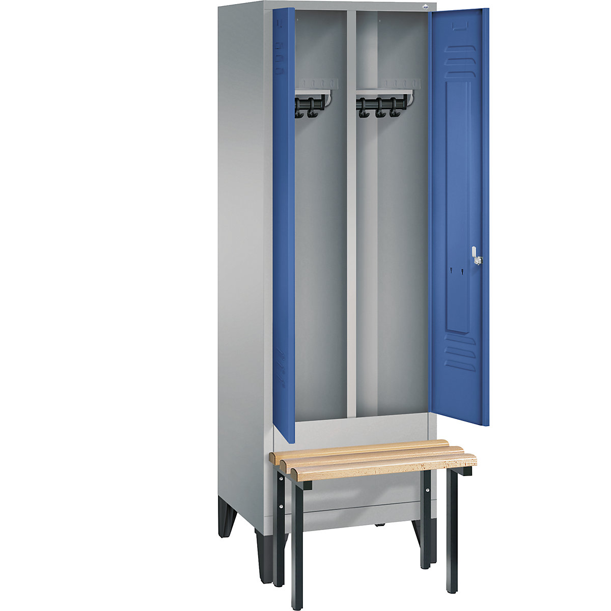C+P – Garderobni ormar CLASSIC s klupom za sjedenje ugrađenom s prednje strane, vrata koja se zatvaraju jedna prema drugima, 2 odjela, širina odjela 300 mm, u aluminij bijeloj / encijan plavoj boji
