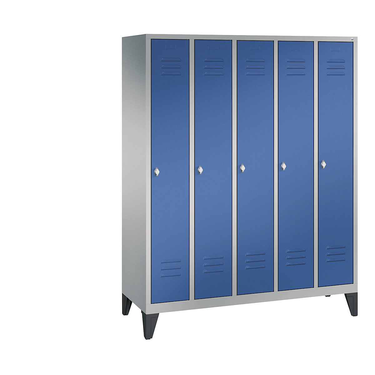 C+P – Garderobni ormar CLASSIC s nogama, 5 odjela, širina odjela 300 mm, u aluminij bijeloj / encijan plavoj boji
