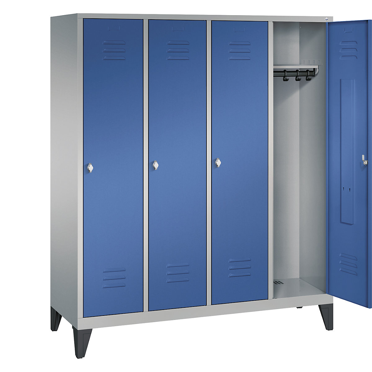 C+P – Garderobni ormar CLASSIC s nogama, 4 odjela, širina odjela 400 mm, u aluminij bijeloj / encijan plavoj boji