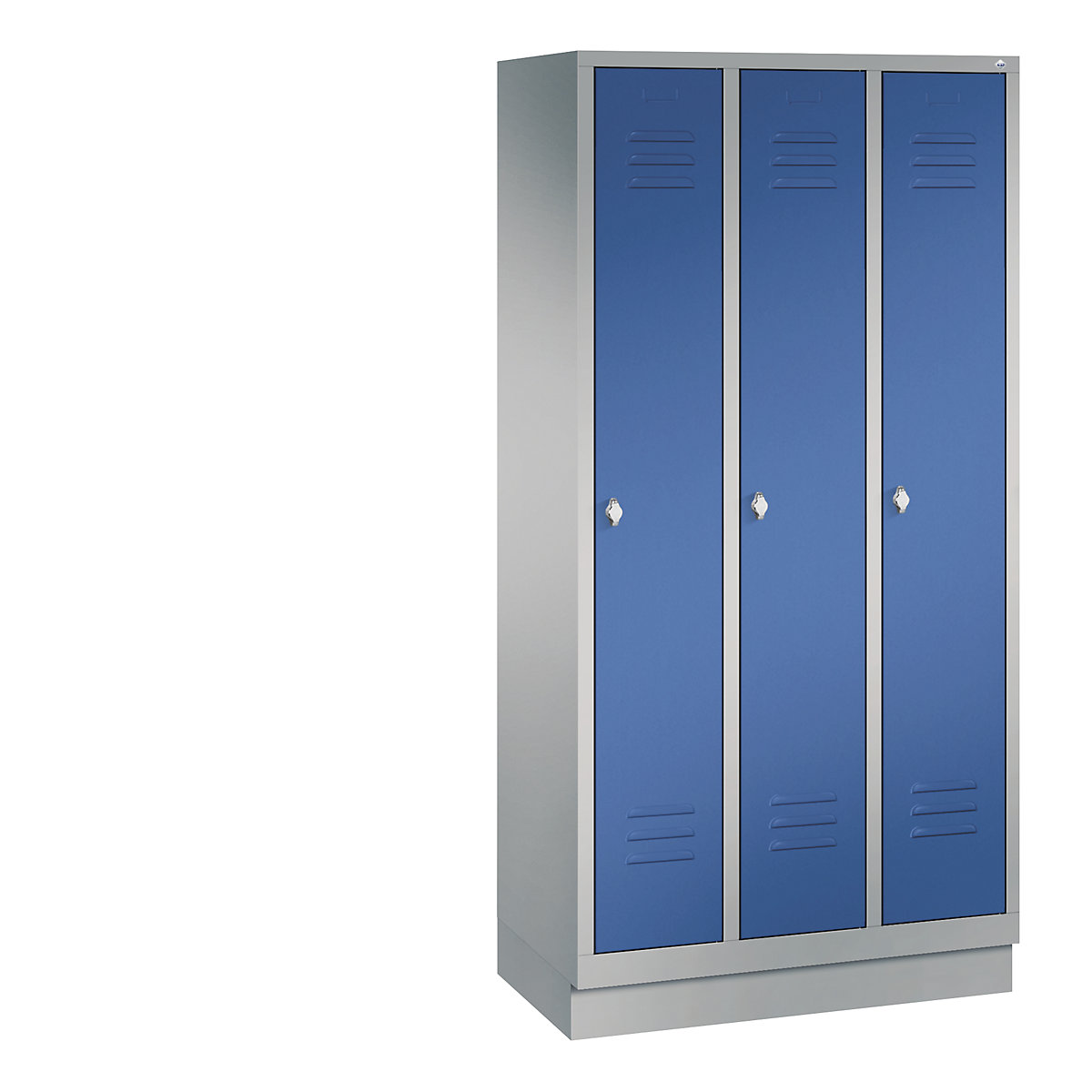 C+P – Garderobni ormar CLASSIC s postoljem, 3 odjela, širina odjela 300 mm, u aluminij bijeloj / encijan plavoj boji