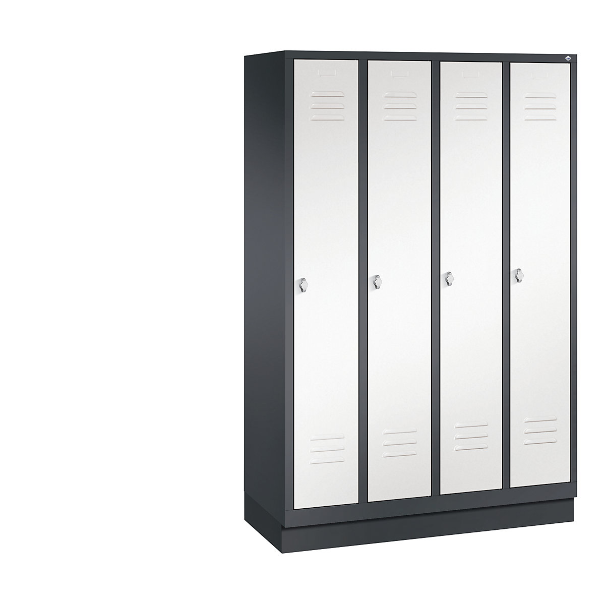 C+P – Garderobni ormar CLASSIC s postoljem, 4 odjela, širina odjela 300 mm, u crnosivoj / prometno bijeloj boji