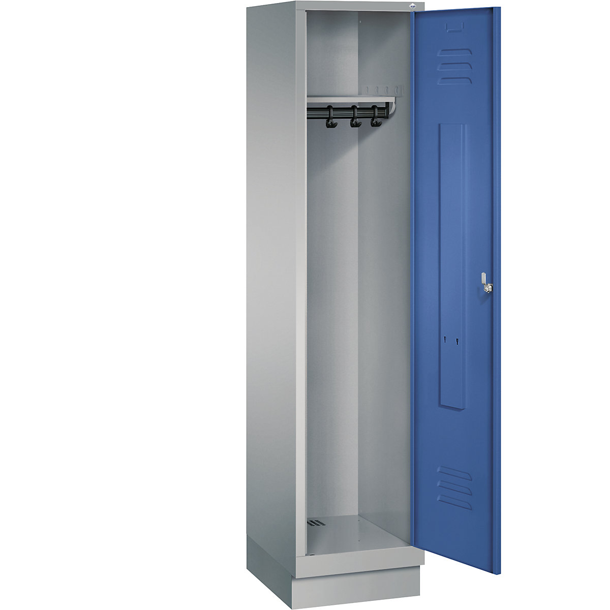 C+P – Garderobni ormar CLASSIC s postoljem, 1 odjel, širina odjela 400 mm, u aluminij bijeloj / encijan plavoj boji