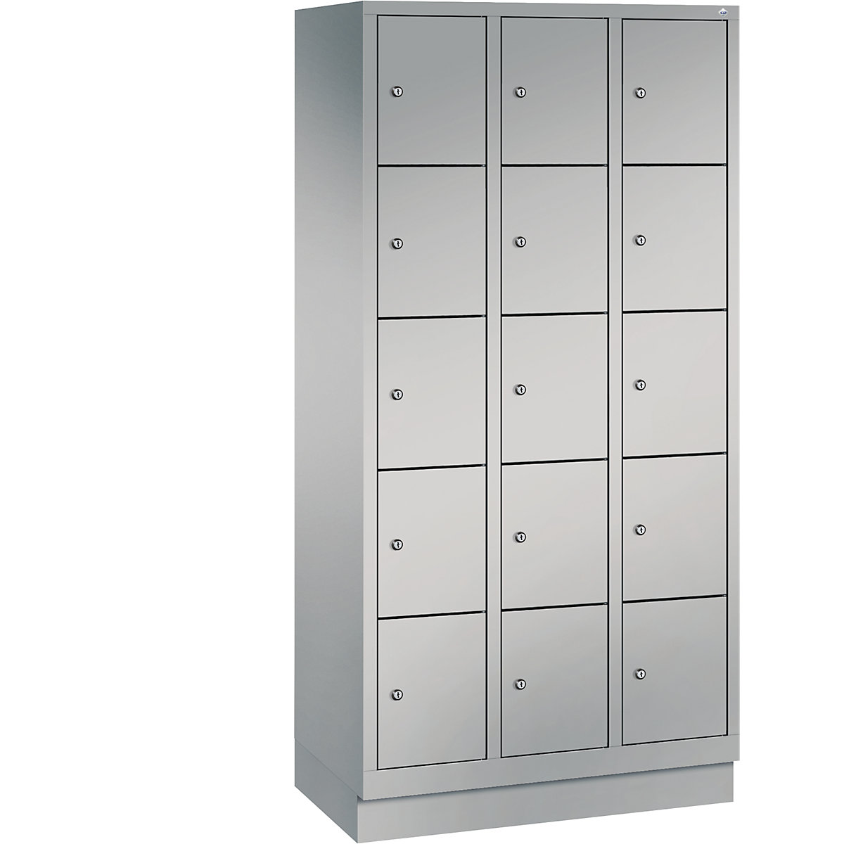 C+P – Ormar s pretincima CLASSIC s postoljem, 3 odjela, po 5 pretinaca, širina odjela 300 mm, u aluminij bijeloj boji