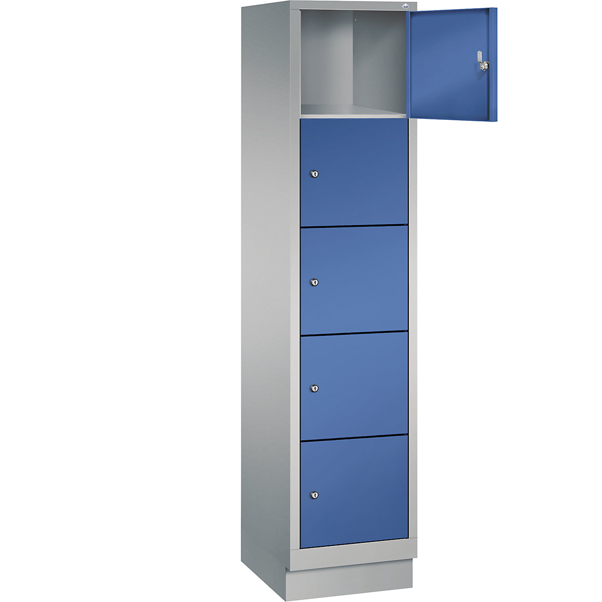 C+P – Ormar s pretincima CLASSIC s postoljem, 1 odjel, 5 pretinca, širina odjela 400 mm, u aluminij bijeloj / encijan plavoj boji