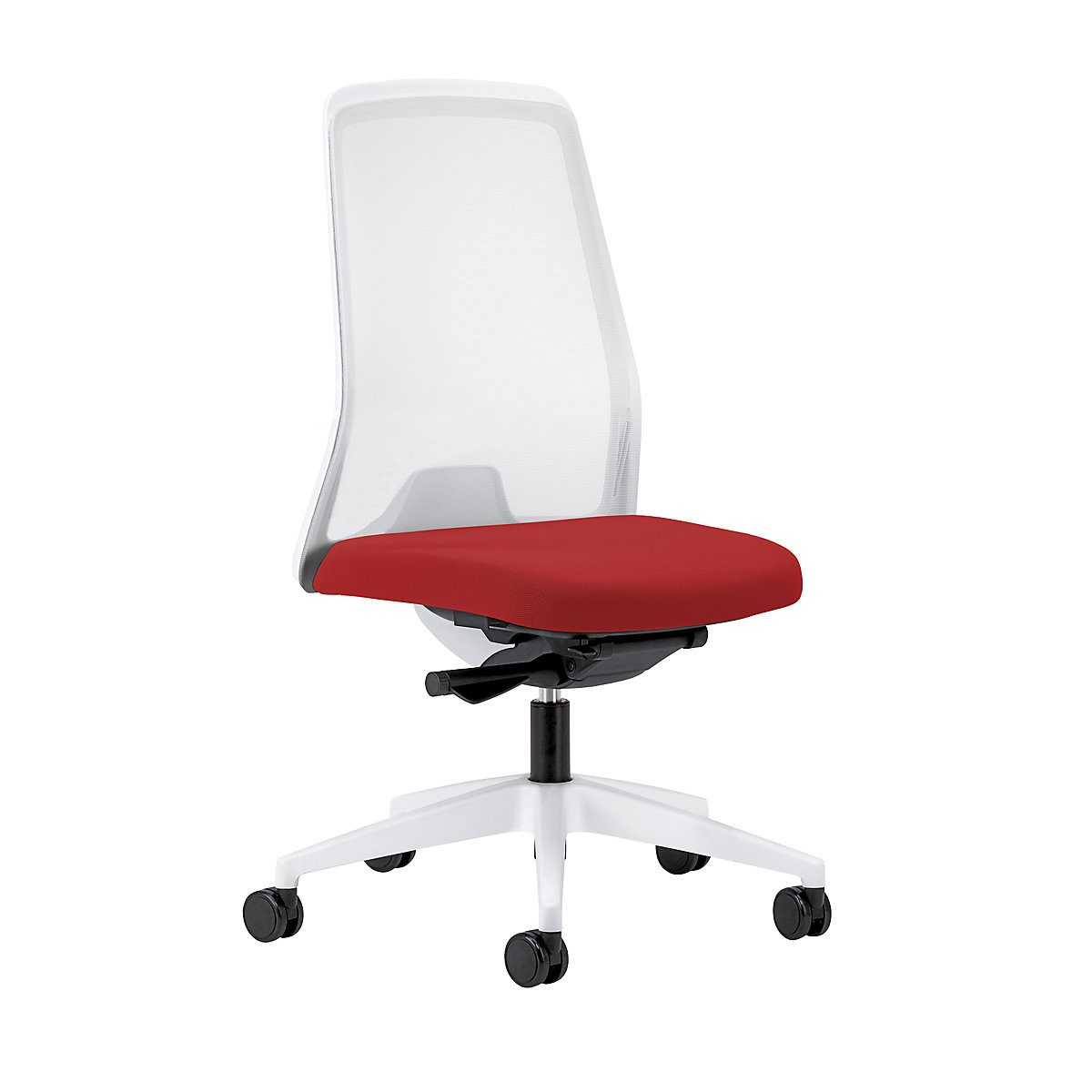 Udobna okretna stolica EVERY, mrežasti naslon za leđa u bijeloj boji – interstuhl, postolje u bijeloj boji, s mekanim kotačima, u vatreno crvenoj boji, dubina sjedala 430 mm-4