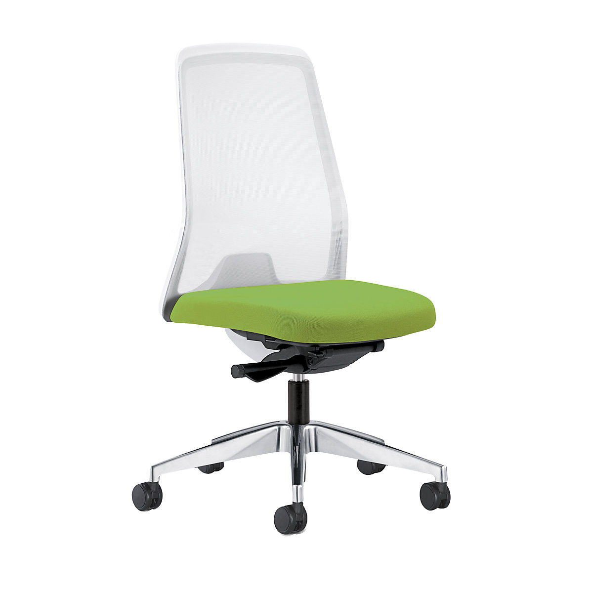 Udobna okretna stolica EVERY, mrežasti naslon za leđa u bijeloj boji – interstuhl, polirano postolje, s mekanim kotačima, u žutozelenoj boji, dubina sjedala 430 mm-4