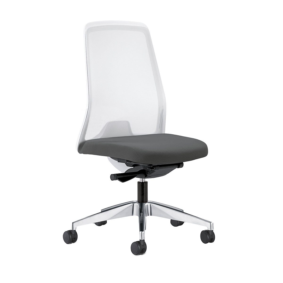 Udobna okretna stolica EVERY, mrežasti naslon za leđa u bijeloj boji – interstuhl, polirano postolje, s mekanim kotačima, u željeznosivoj boji, dubina sjedala 430 mm-2