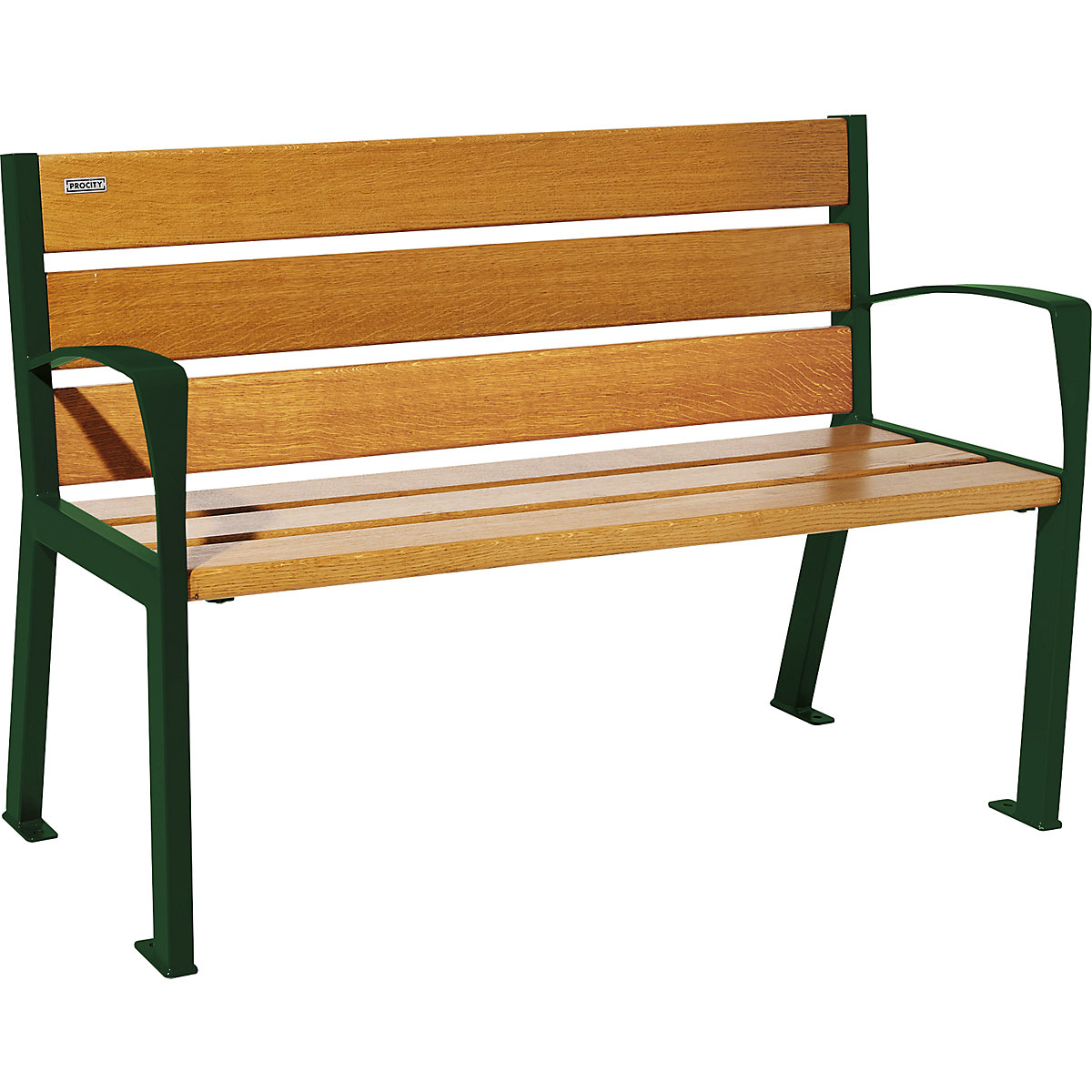 PROCITY – Drvena klupa za sjedenje SILAOS® s naslonom za leđa, visina 866 mm, dužina 1200 mm, u mahovina zelenoj boji, imitacija svijetlog hrasta