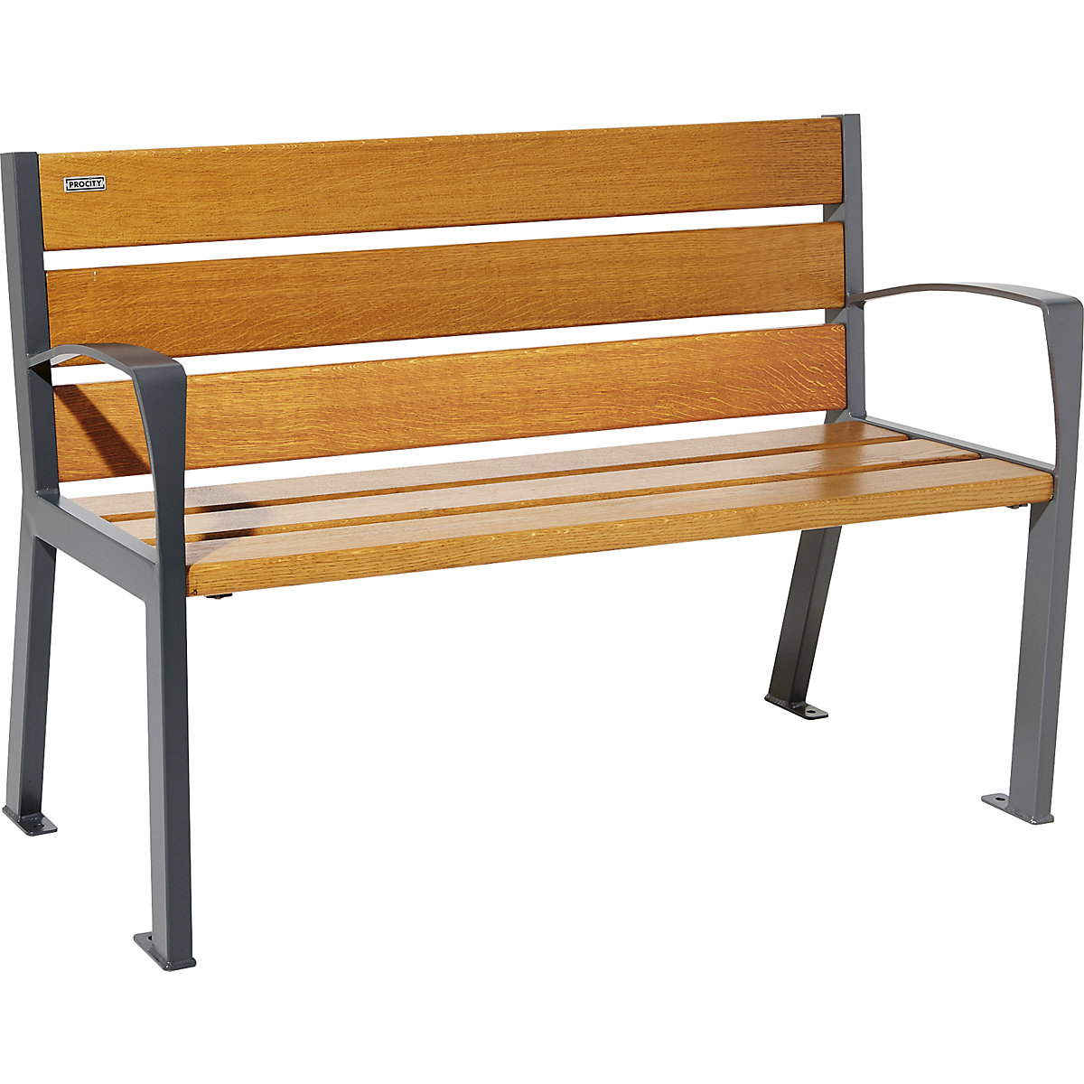 PROCITY – Drvena klupa za sjedenje SILAOS® s naslonom za leđa, visina 866 mm, dužina 1200 mm, u grafitno crnoj boji, imitacija svijetlog hrasta