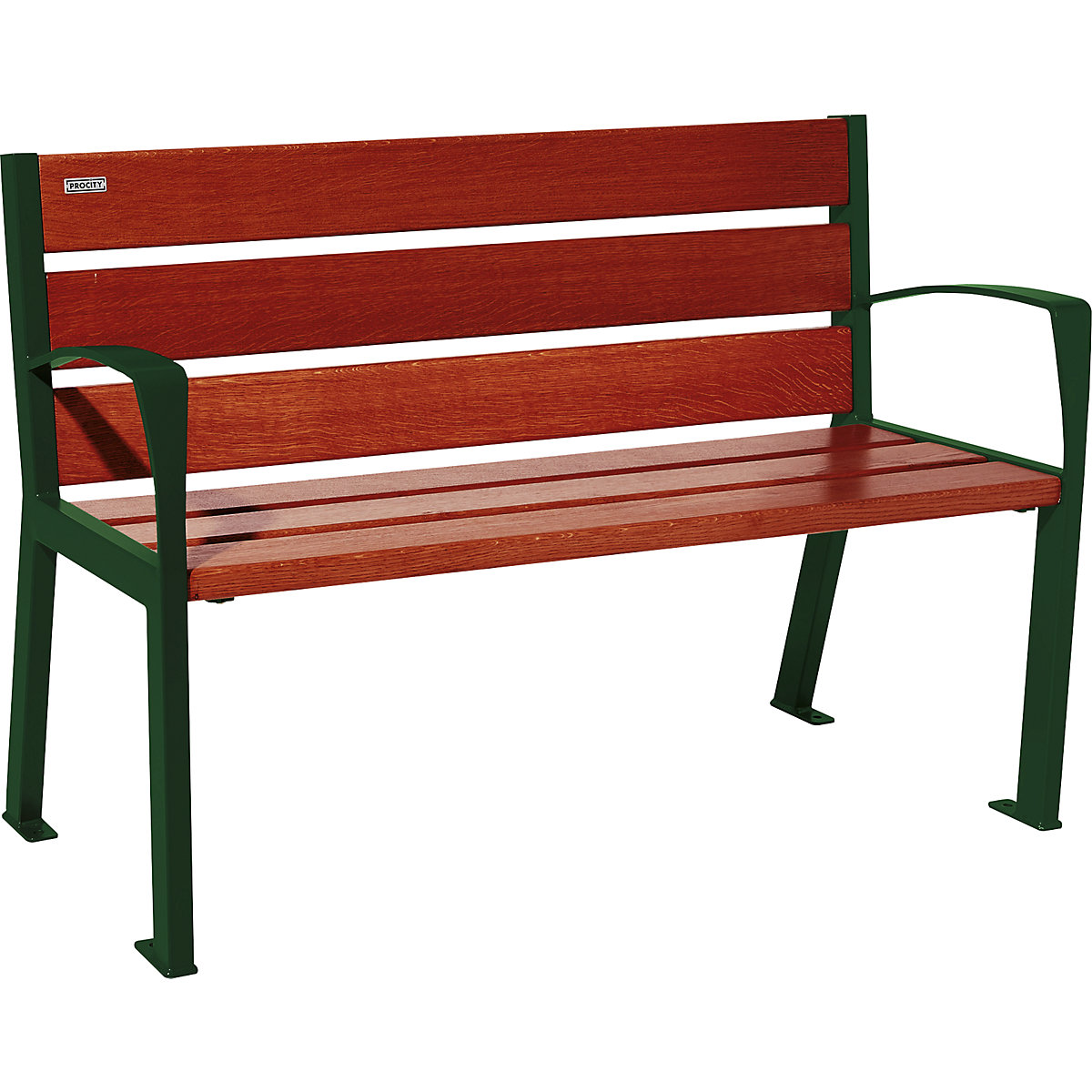 PROCITY – Drvena klupa za sjedenje SILAOS® s naslonom za leđa, visina 866 mm, dužina 1200 mm, u mahovina zelenoj boji, mahagonij