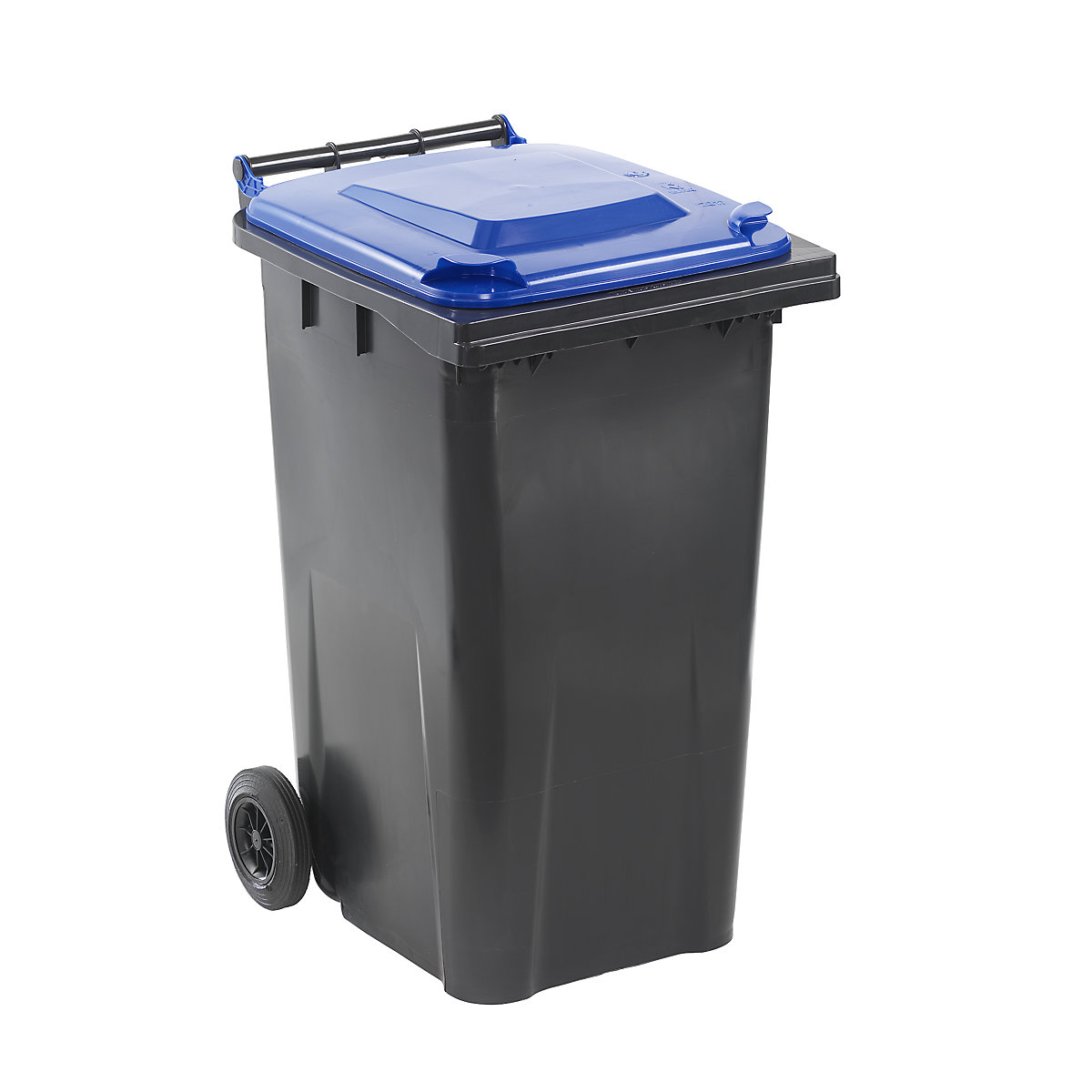 Nádoba na odpad podle ČSN EN 840, objem 240 l, š x v x h 580 x 1100 x 740 mm, antracitová, víko modré