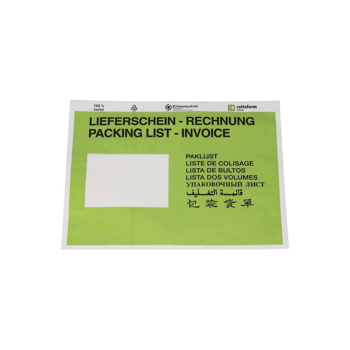 Dokumententaschen aus Papier terra, Aufdruck Lieferschein – Rechnung, VE 1000 Stk, LxB 240 x 175 mm, grün, ab 5 VE-1