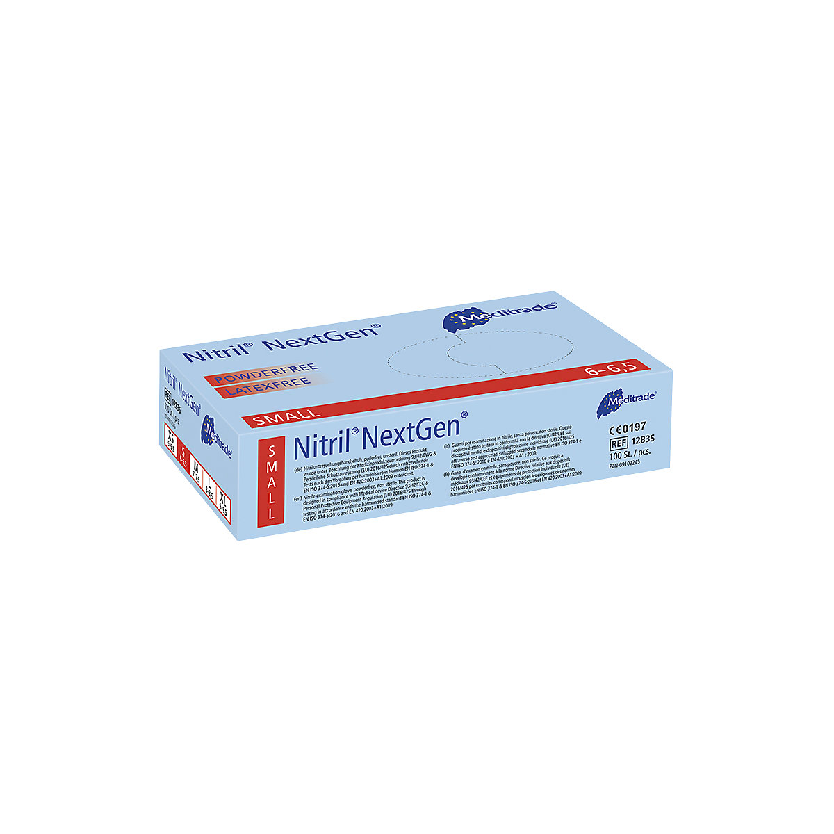 Luvas descartáveis em nitrilo Meditrade, embalagem de 1000 unid., conformidade alimentar, azul, tamanho S, a partir de 3 embalagens-3