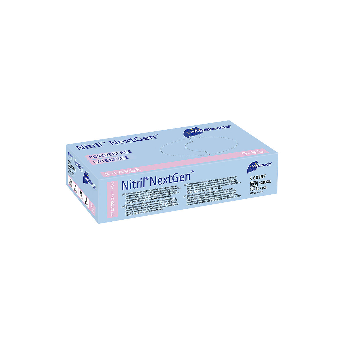 Luvas descartáveis em nitrilo Meditrade, embalagem de 1000 unid., conformidade alimentar, azul, tamanho XL, a partir de 3 embalagens-2