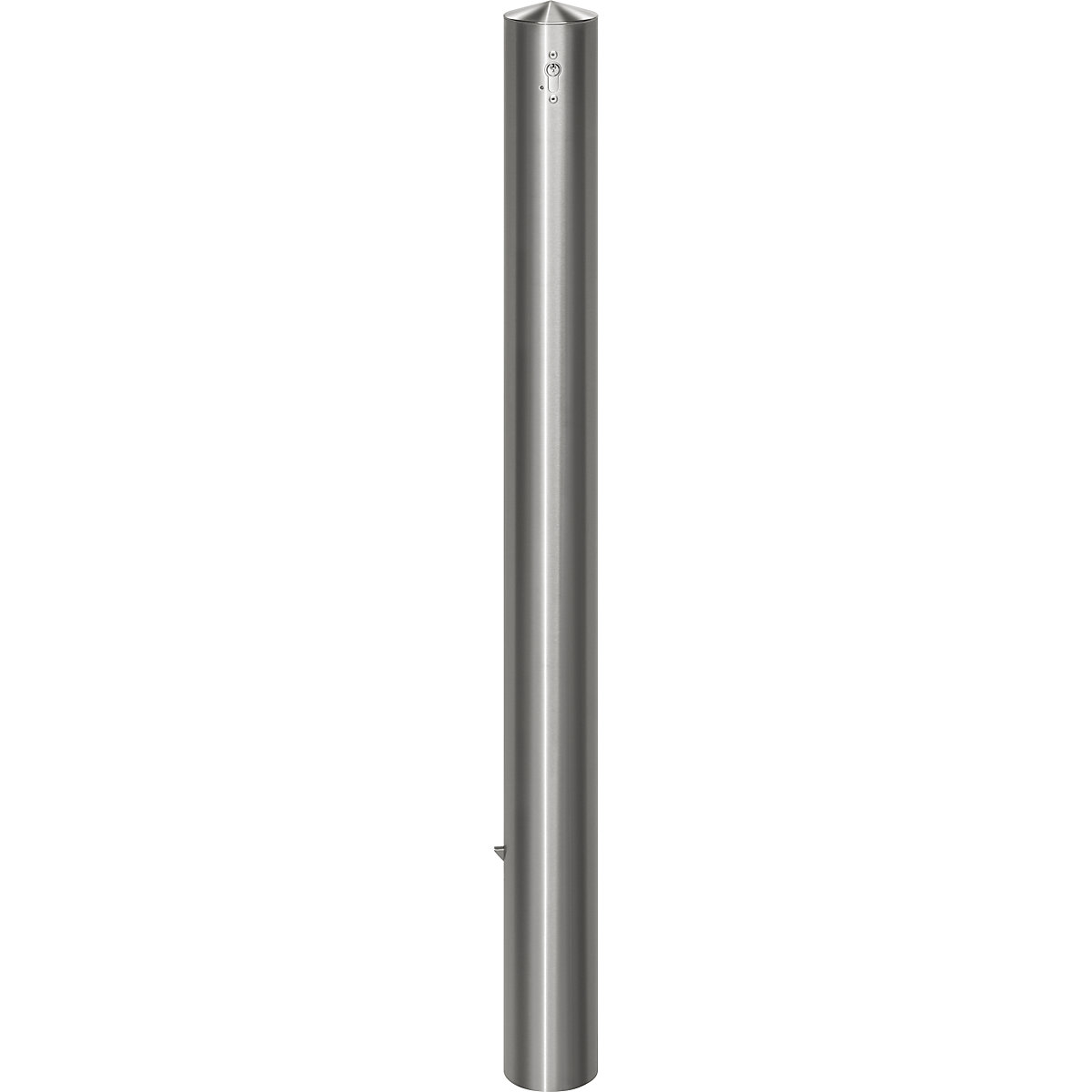 Zahradzovací stĺpik z ušľachtilej ocele, s hlavou s hrotom, na zabetónovanie, s podlahovou kotvou, Ø 102 mm, profilový cylindrický zámok-1