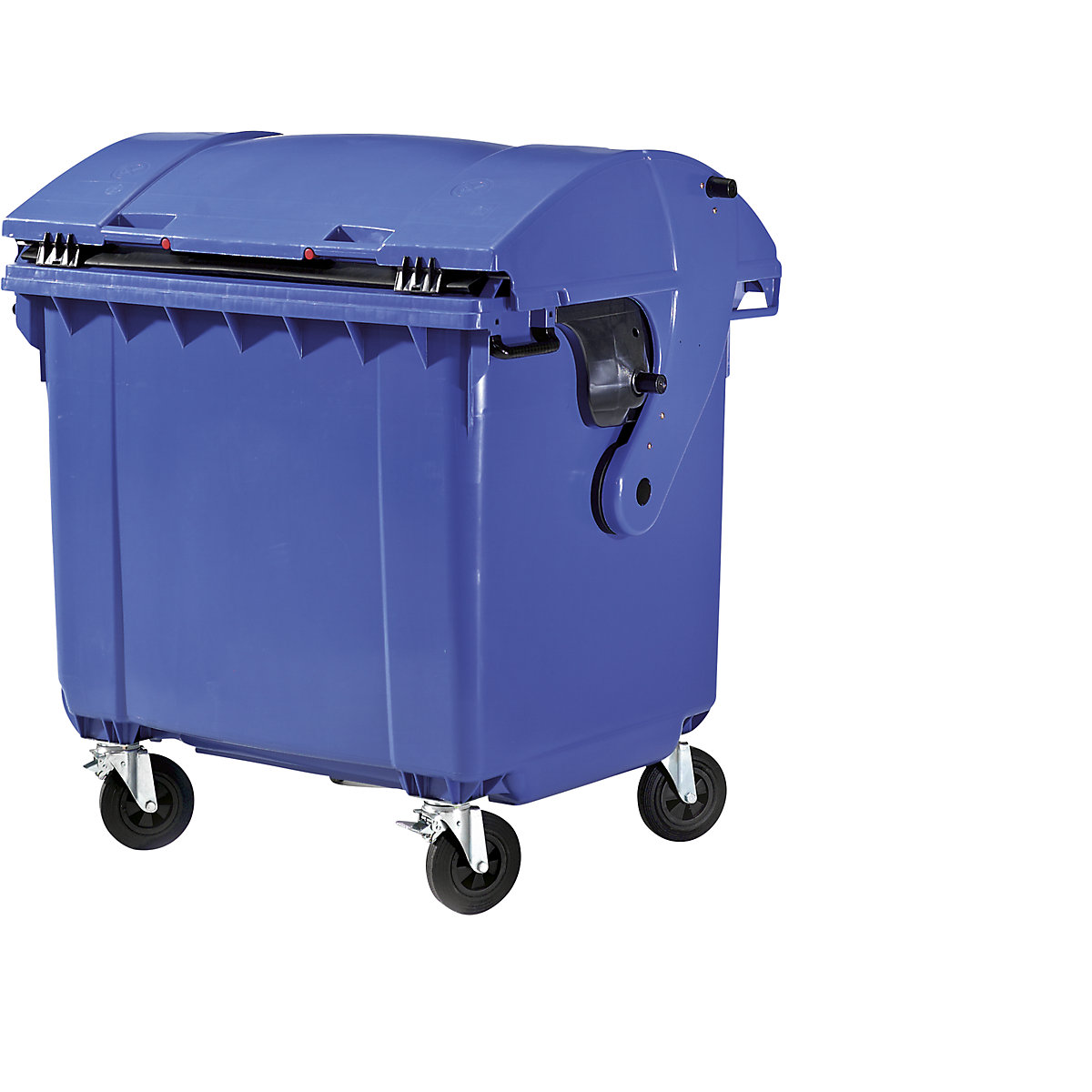 Kontajner na odpad z plastu, podľa DIN EN 840, objem 1100 l, v x š x h 1360 x 1465 x 1100 mm, posuvné veko, detská poistka, modrá-4