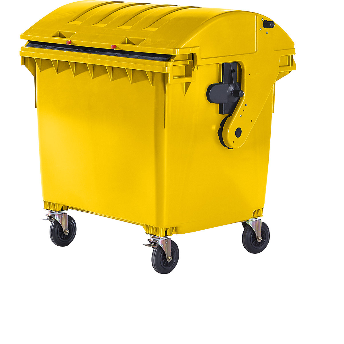 Kontajner na odpad z plastu, podľa DIN EN 840, objem 1100 l, v x š x h 1360 x 1465 x 1100 mm, posuvné veko, detská poistka, žltá-3