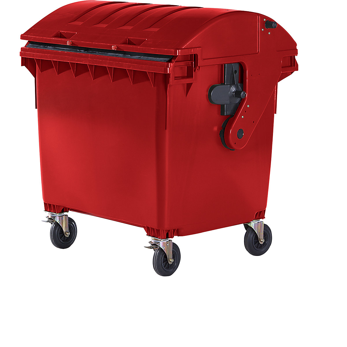 Kontajner na odpad z plastu, podľa DIN EN 840, objem 1100 l, v x š x h 1360 x 1465 x 1100 mm, posuvné veko, detská poistka, červená-6