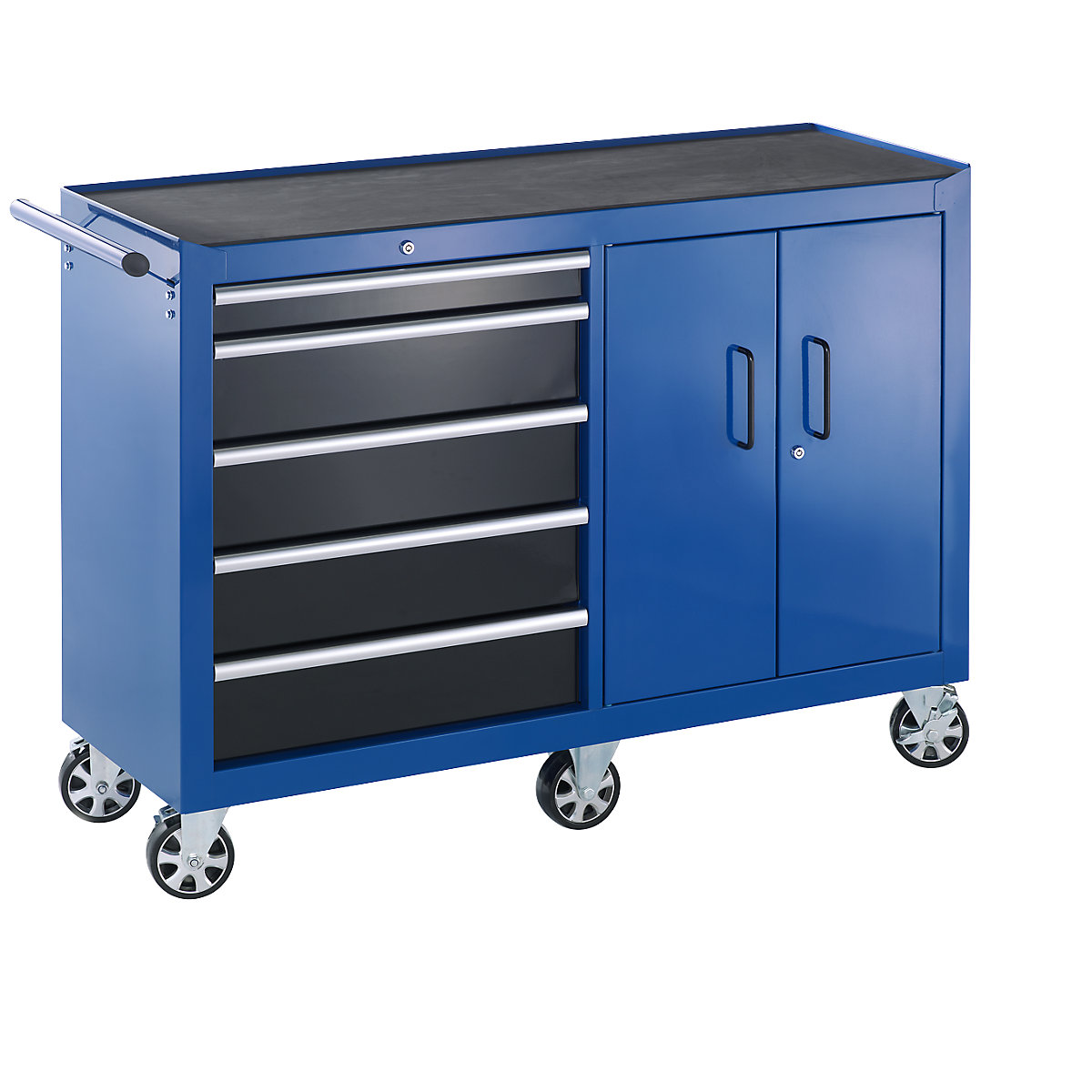 Dílenský vozík, v x š x h 990 x 1324 x 458 mm, 5 zásuvek, 1 dvojité dveře, modrá-8