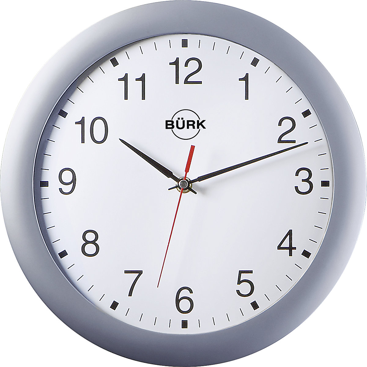 Nástěnné hodiny z plastu ABS, Ø 300 mm, kvalitní Quartz mechanismus, stříbrné matné pouzdro, bílý číselník
