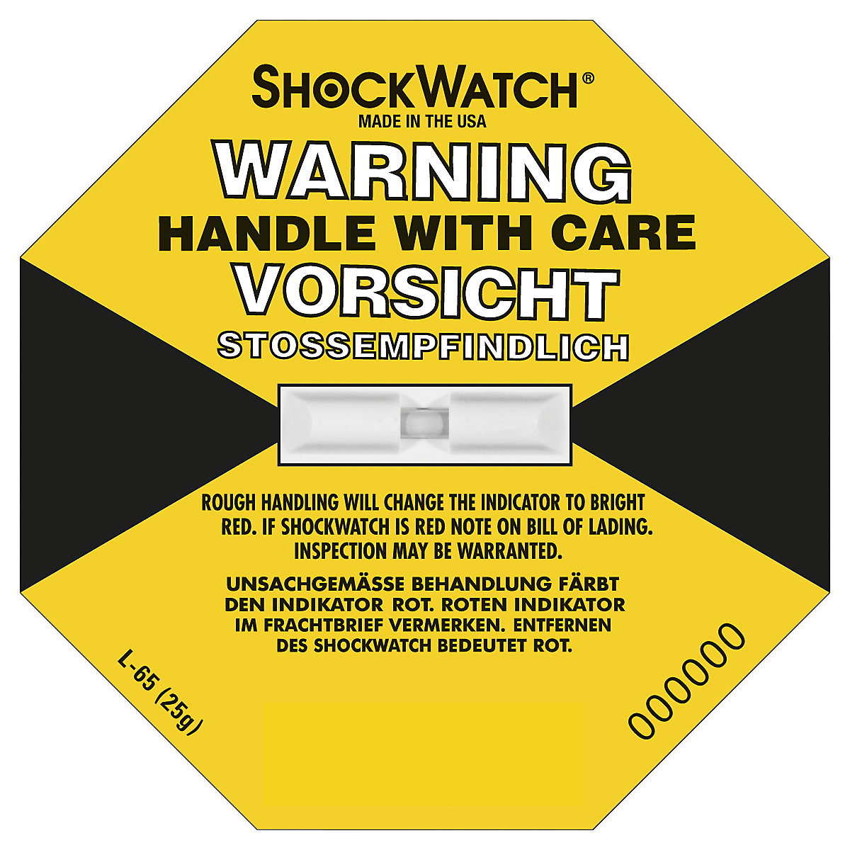 Shockwatch® Präzisionsindikator, inkl. Label, VE 10 Stk, 25 g / 50 ms, gelb, ab 5 VE-5