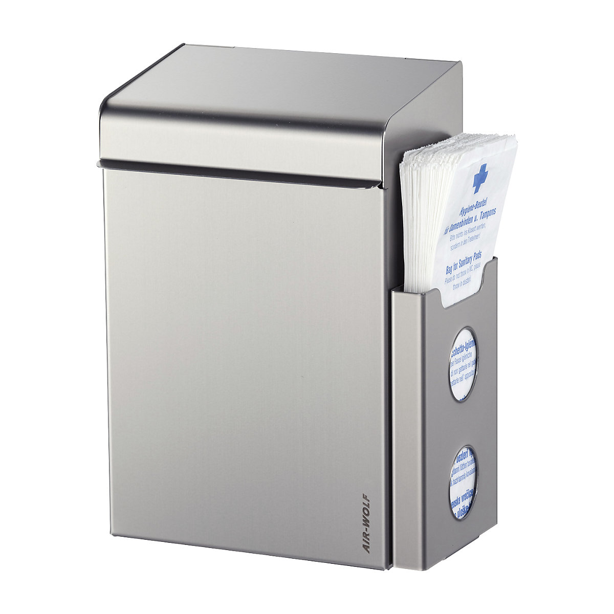 AIR-WOLF Hygieneabfallbehälter mit Beutelspender, Volumen 8 l, BxHxT 220 x 342 x 153 mm, Edelstahl gebürstet