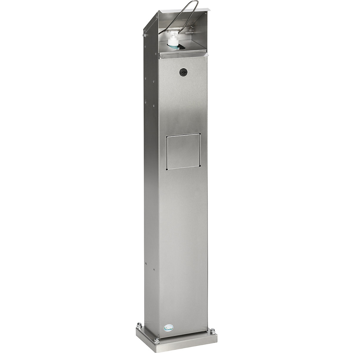 VAR – Hand disinfectant dispenser, for outdoor use, with 5 l waste bin, stainless steel