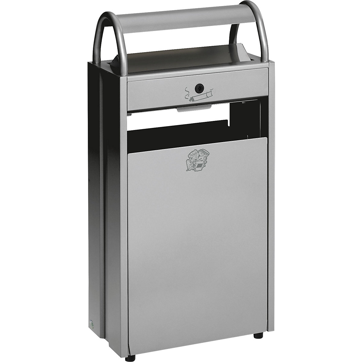 VAR – Waste collector with ashtray and rain protection hood, capacity 60 l, WxHxD 480 x 960 x 250 mm, silver