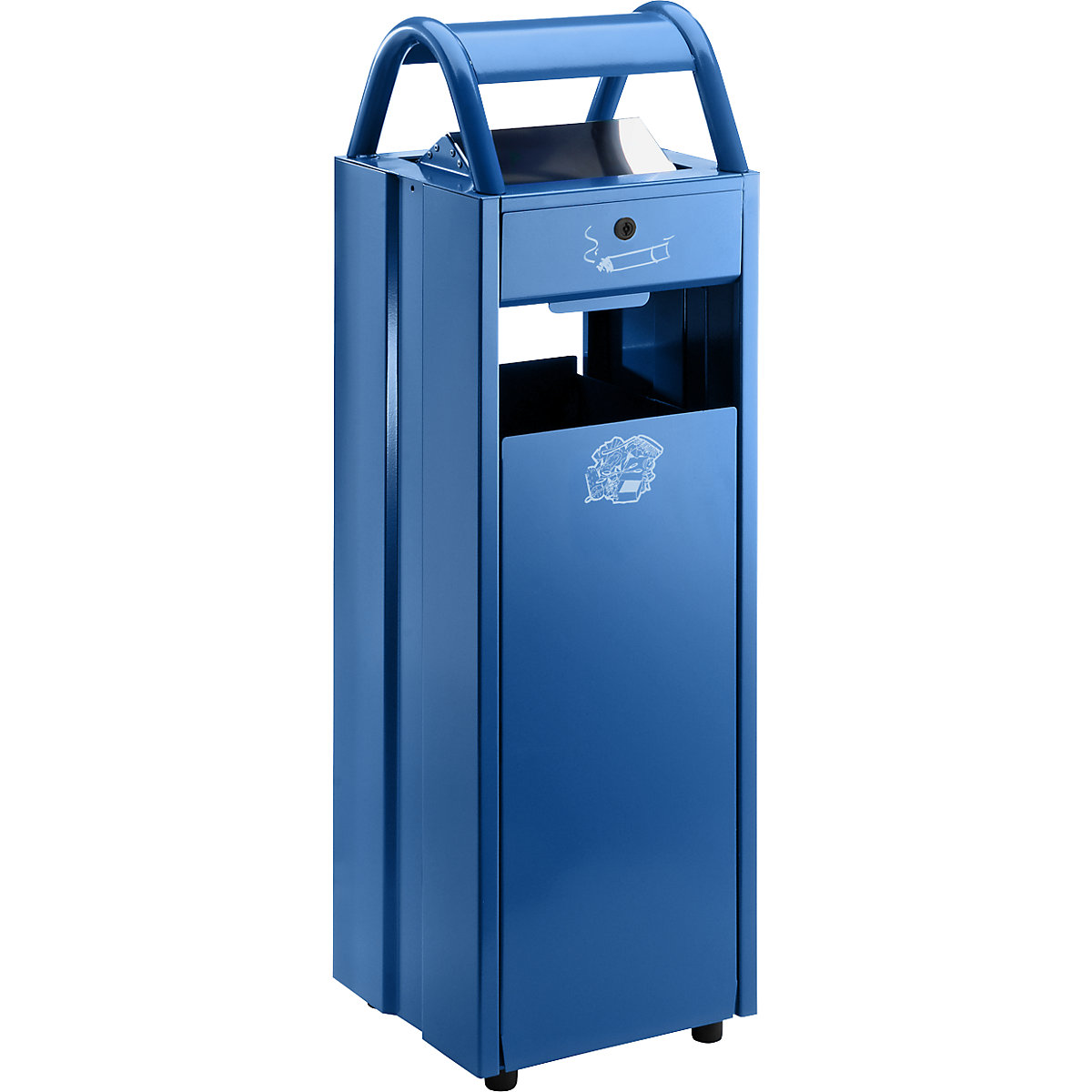 Waste collector with ashtray and rain protection hood – VAR, capacity 35 l, WxHxD 300 x 960 x 250 mm, gentian blue RAL 5010-3