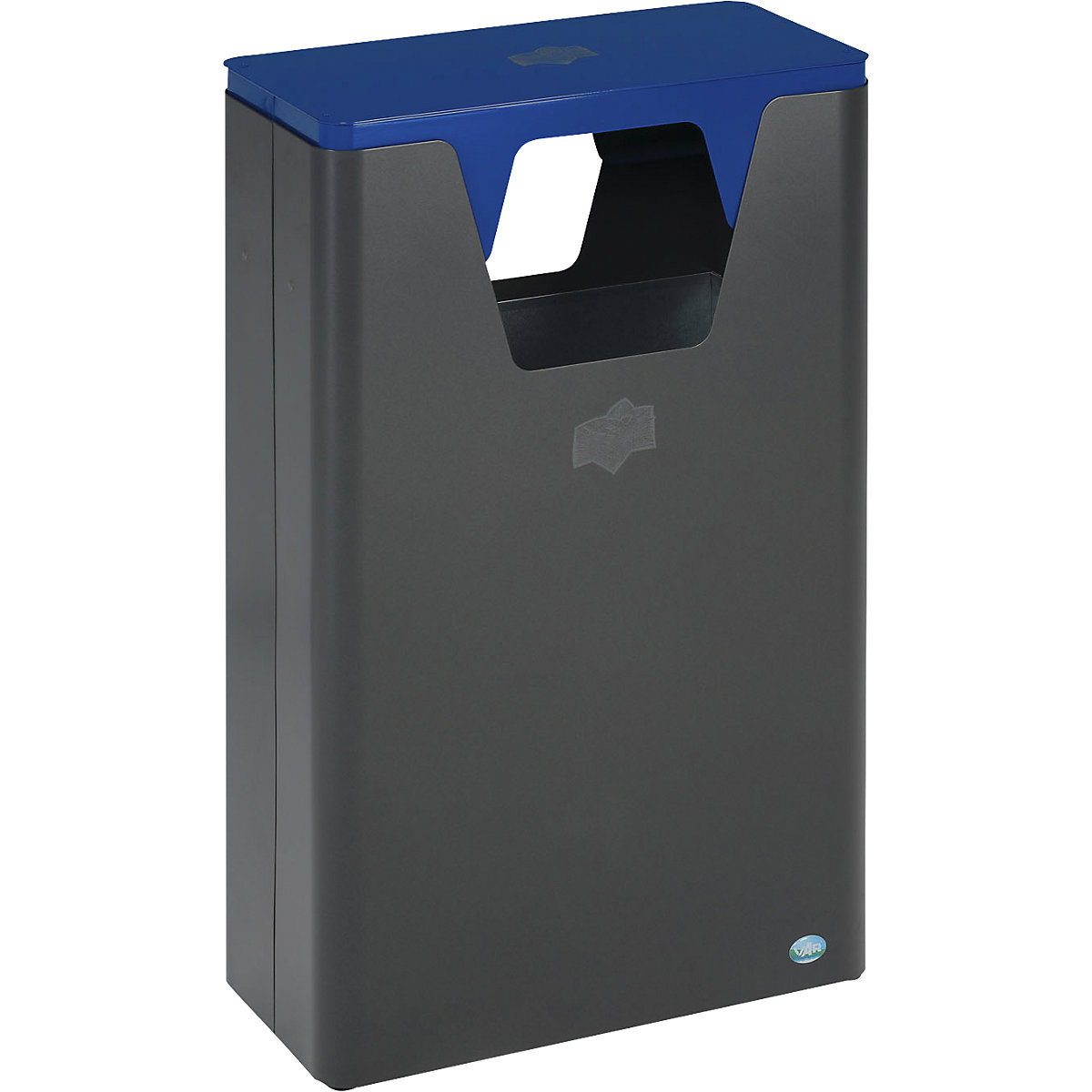 Outdoor recyclable waste collector – VAR, capacity 60 l, HxWxD 890 x 300 x 550 mm, iron glimmer/blue-1