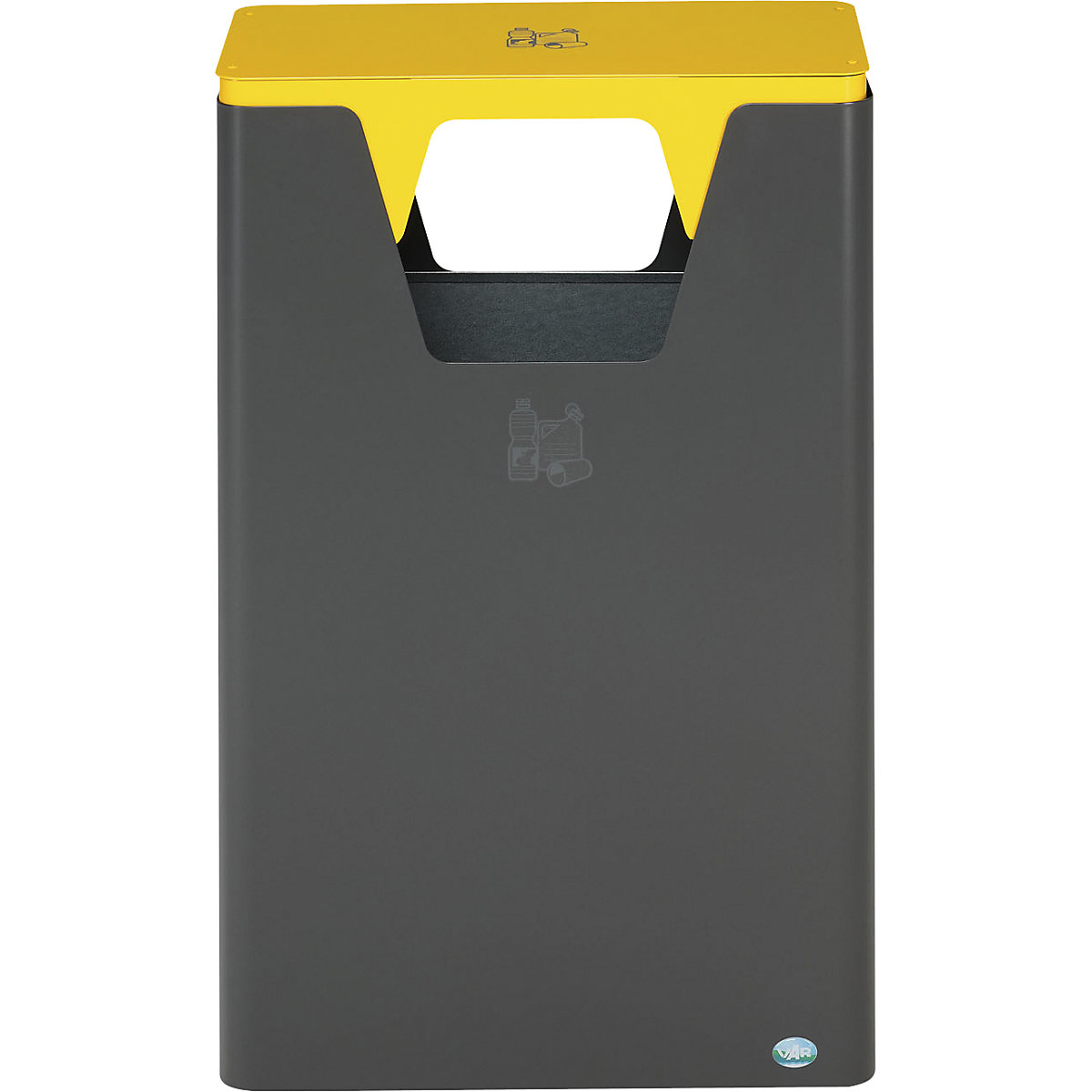 Outdoor recyclable waste collector – VAR, capacity 60 l, HxWxD 890 x 300 x 550 mm, iron glimmer/yellow-2