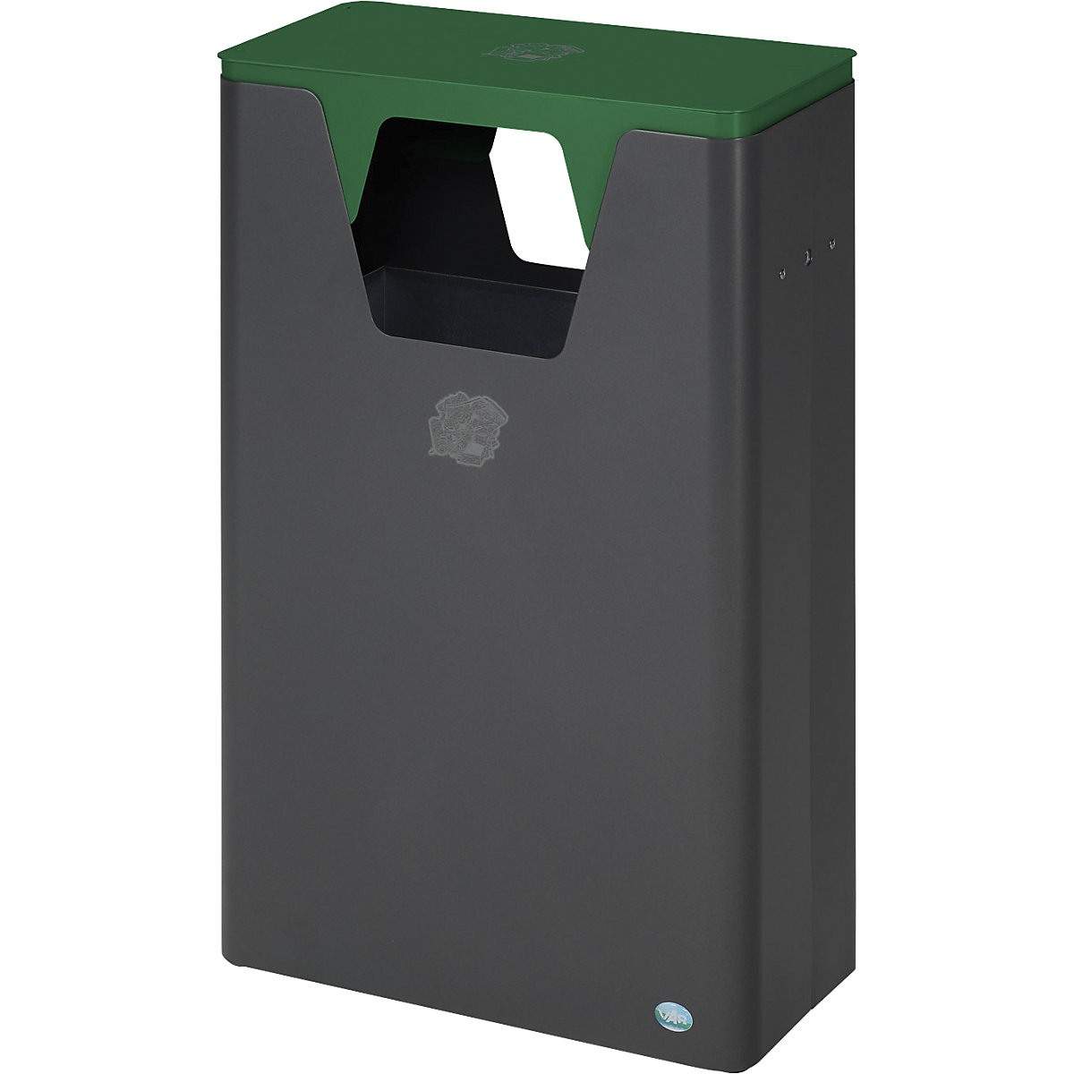 Outdoor recyclable waste collector – VAR, capacity 60 l, HxWxD 890 x 300 x 550 mm, iron glimmer/green-1