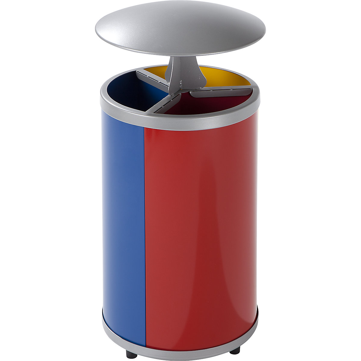 Recyclable waste collector, round – VAR, capacity 3 x 30 l, HxØ 950 x 420 mm, with hood, yellow, blue, red-3