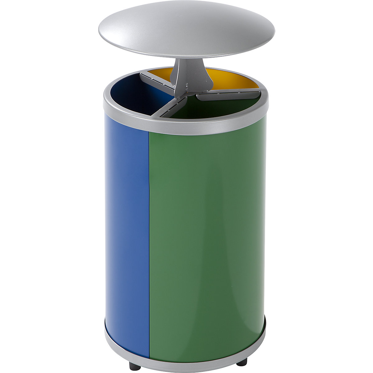 Recyclable waste collector, round – VAR, capacity 3 x 30 l, HxØ 950 x 420 mm, with hood, yellow, blue, green-4