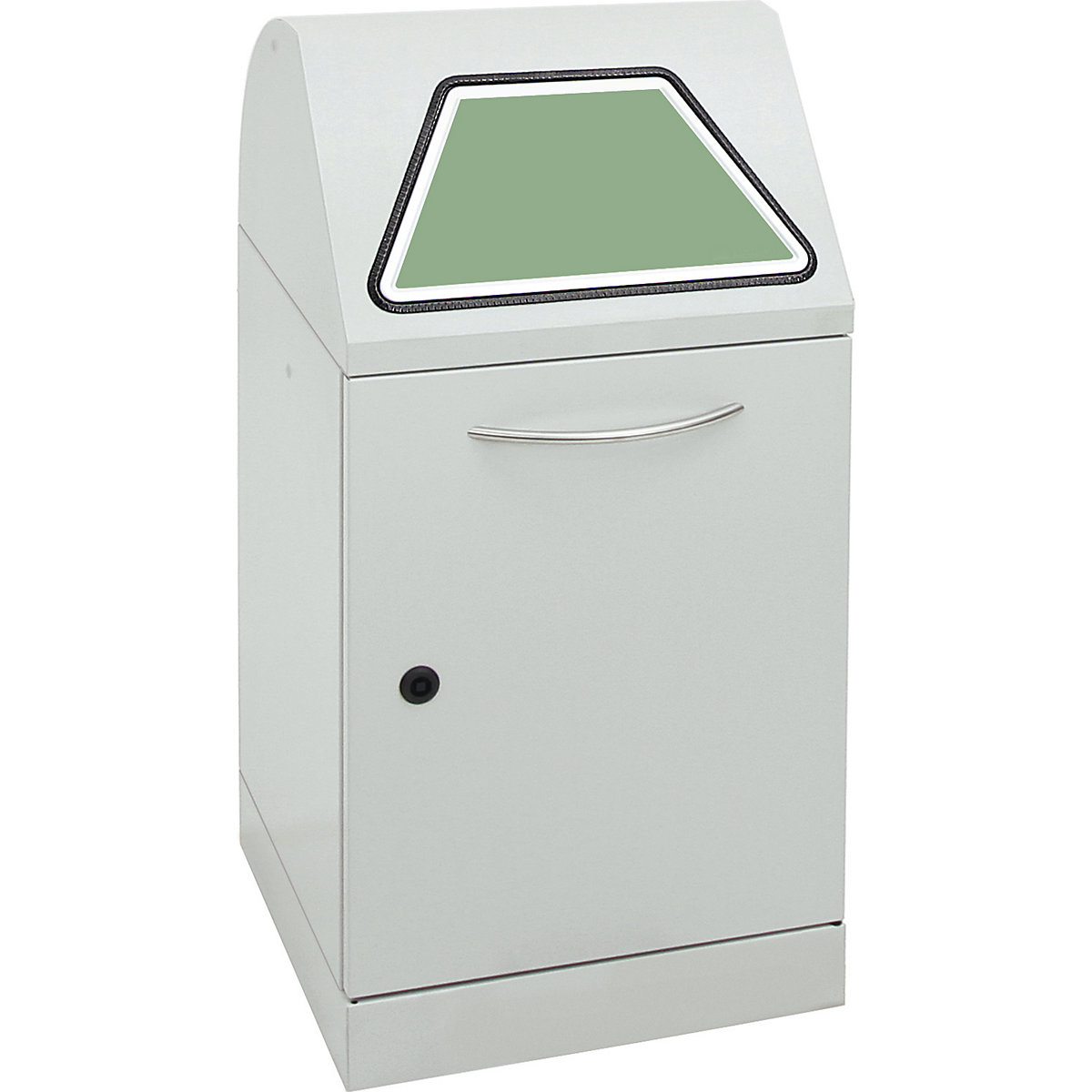 Recyclable waste container, manually operated access flap