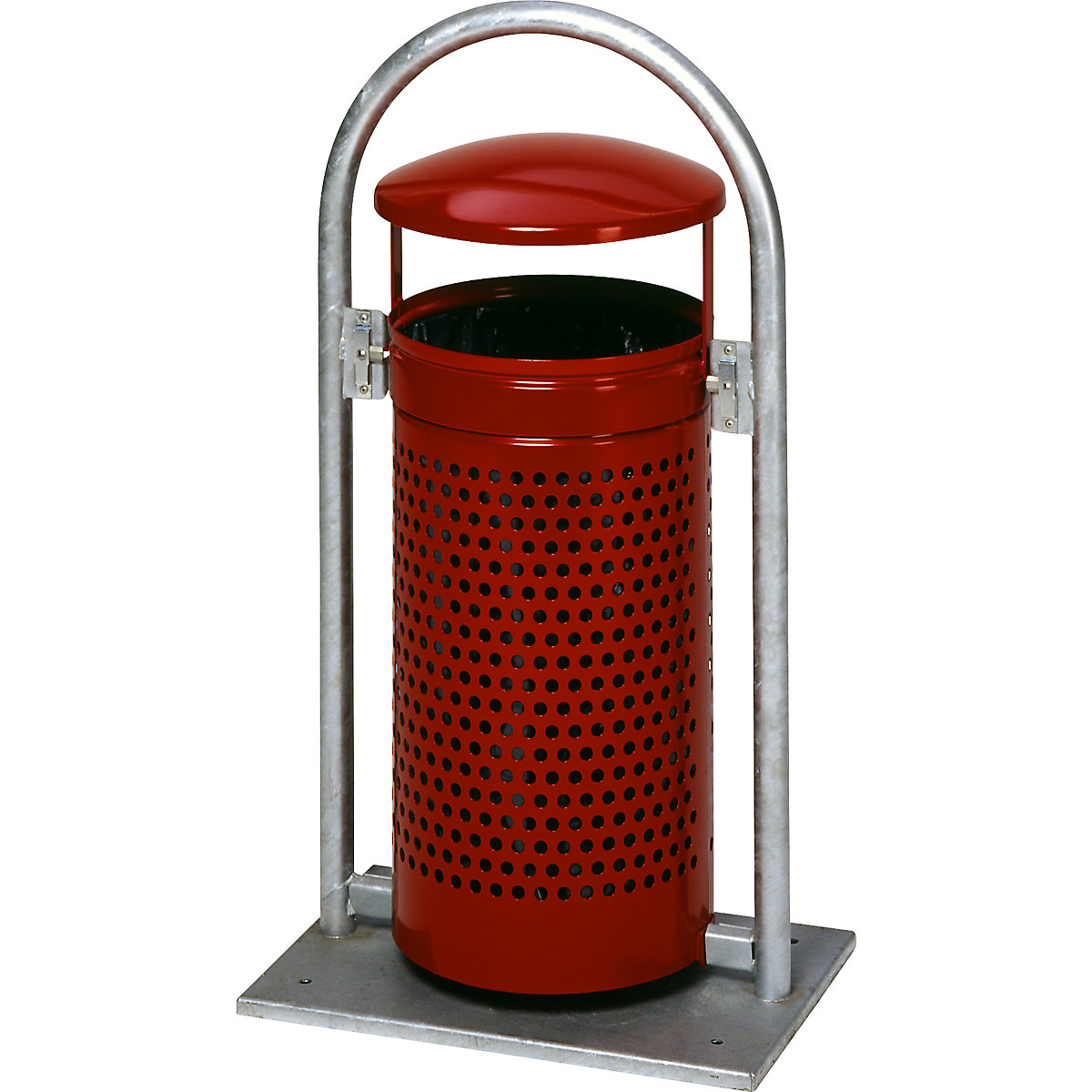 Outdoor waste collector, 65 l, steel – VAR, WxHxD 580 x 1145 x 380 mm, with pipe arch and hood, purple red-3