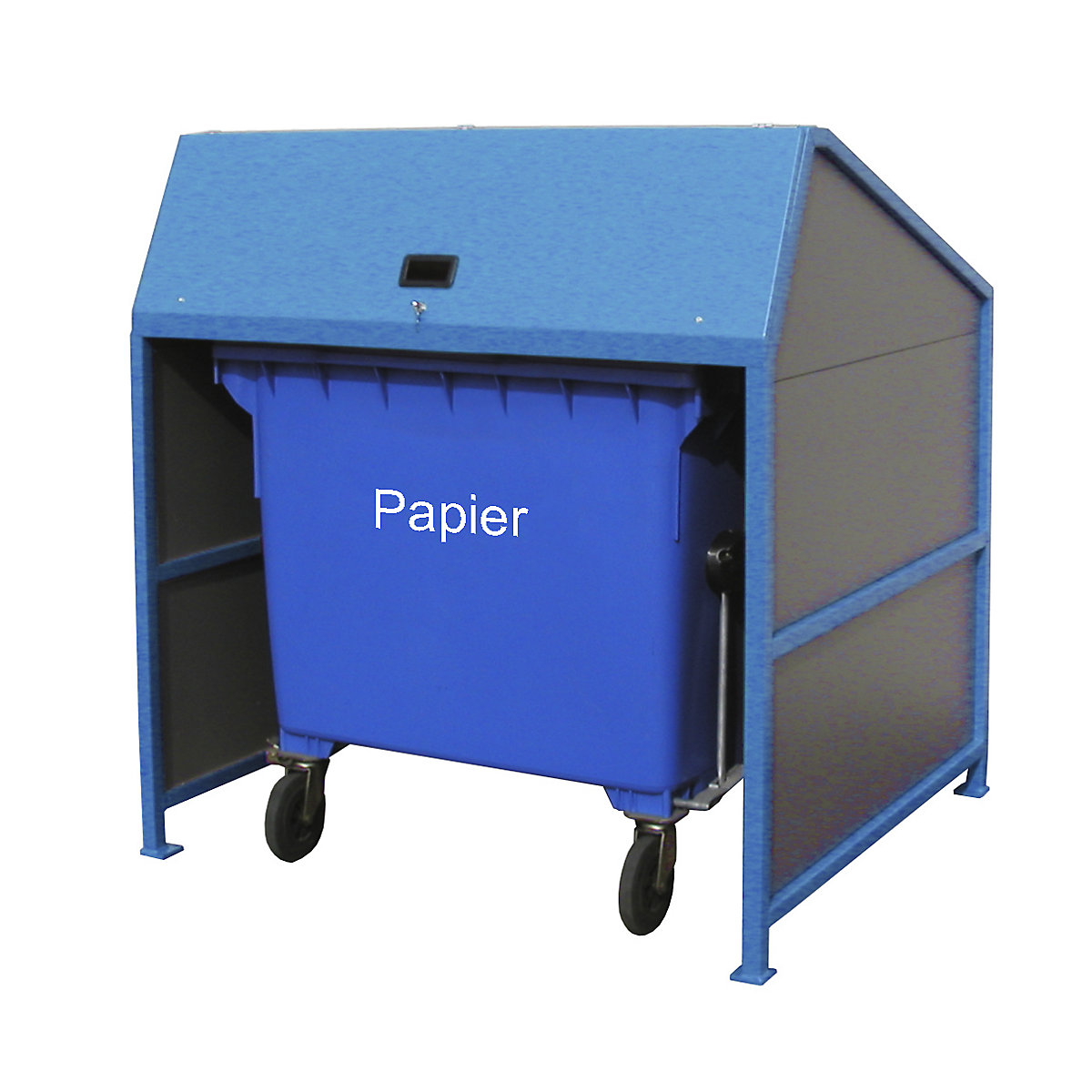 Waste bin enclosures – eurokraft pro, enclosed on 3 sides, frame in blue-4