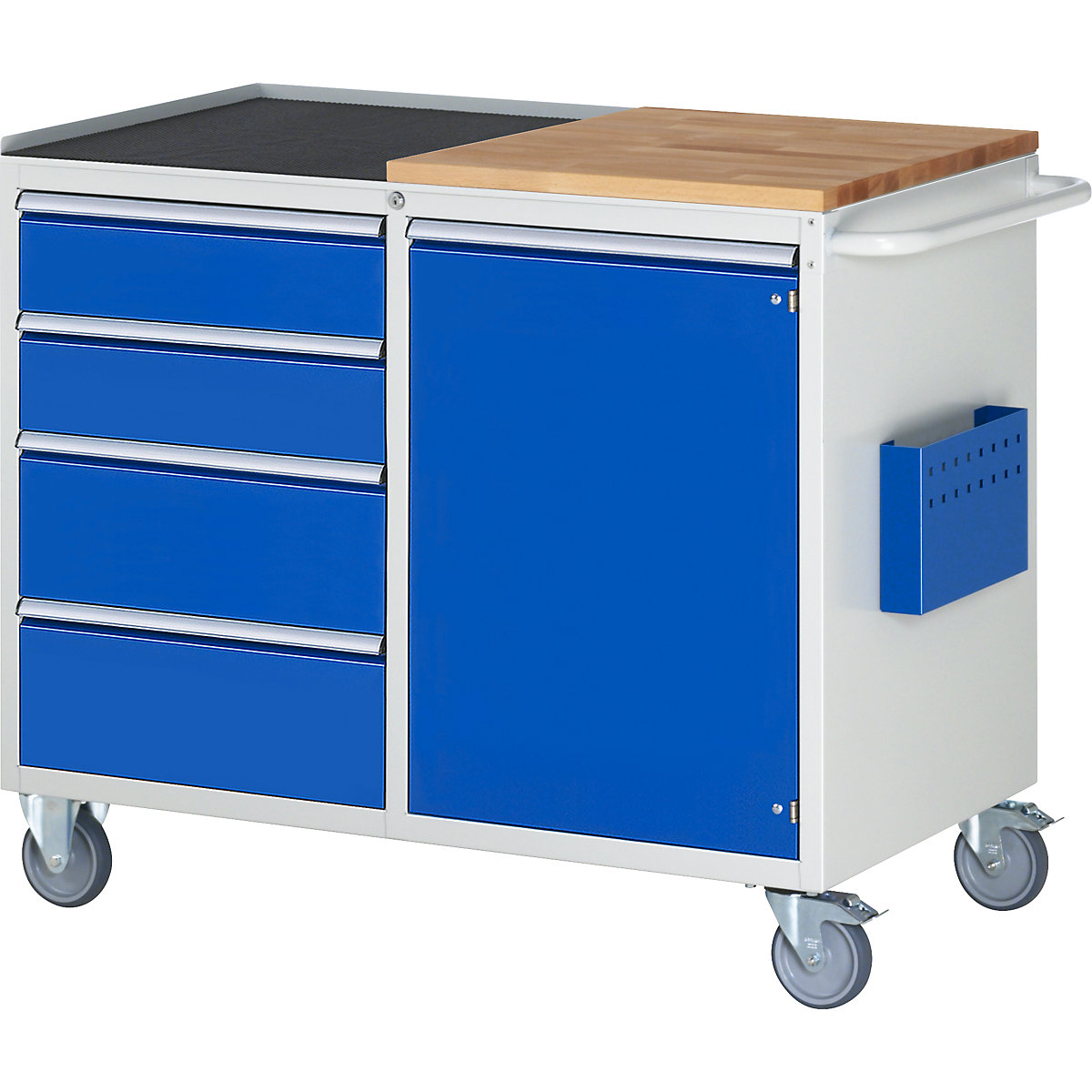 RAU Kompaktwerkbänke, fahrbar, 4 Schubladen, 1 Tür, Arbeitsfläche Holz / Metall, lichtgrau / enzianblau