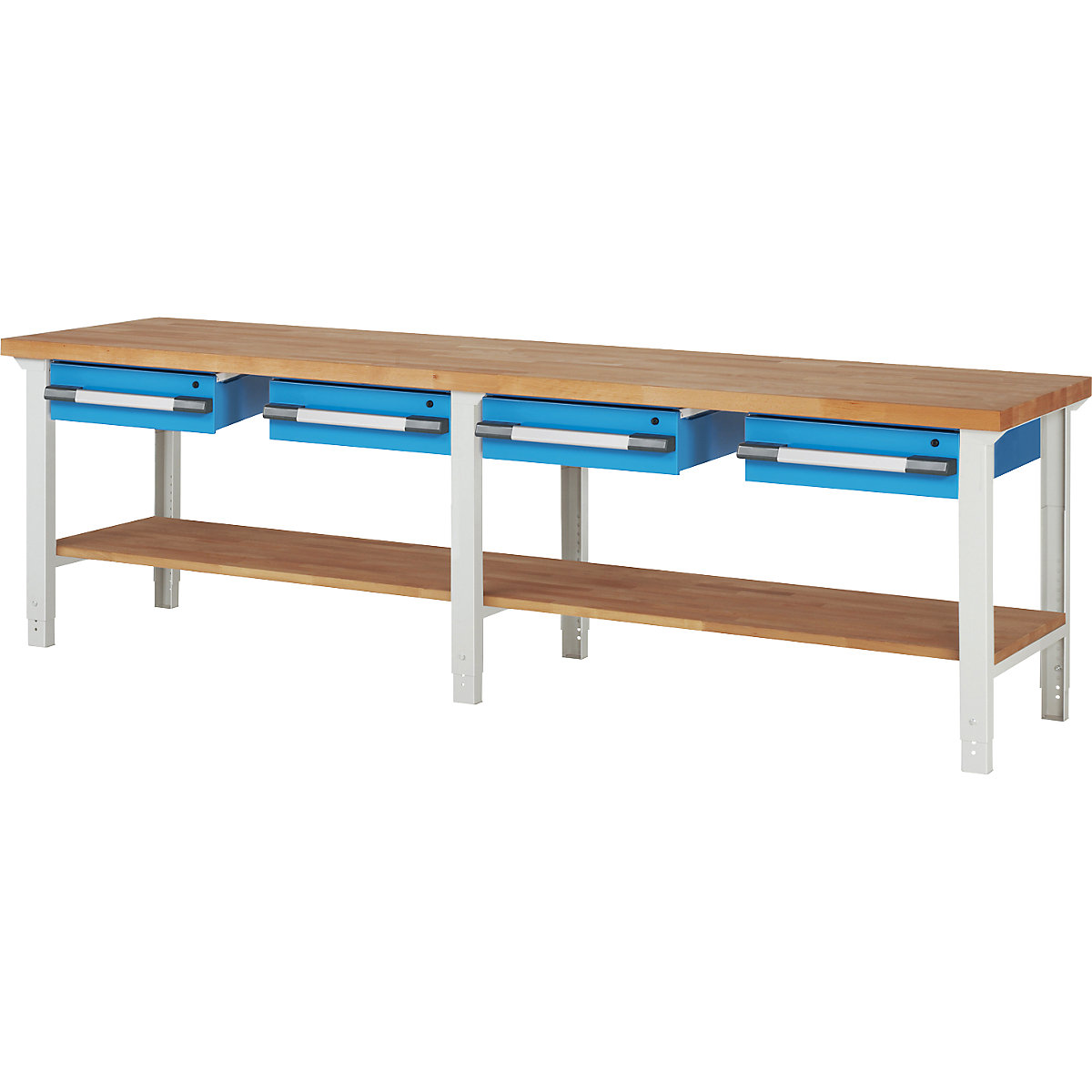 Werkbank, bouwdoossysteem Serie 7 – eurokraft pro, 4 hangladen, 1 legbord, b x d = 3000 x 700 mm-1